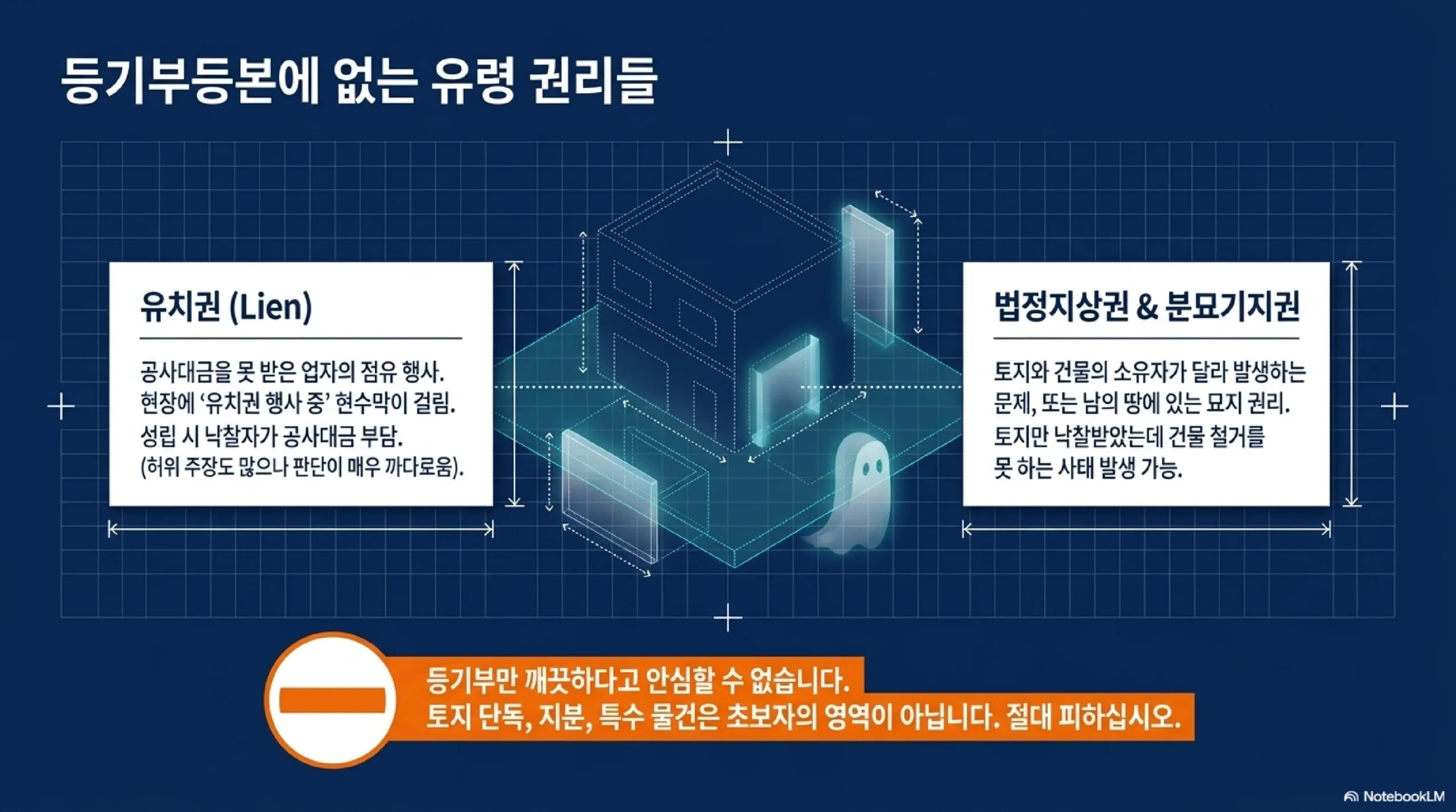 등기부등본에 없는 권리 — 공사대금 못 받은 업자의 유치권 토지와 건물 소유자가 다른 법정지상권 남의 땅의 묘지 분묘기지권 토지 단독과 지분 물건은 초보 회피