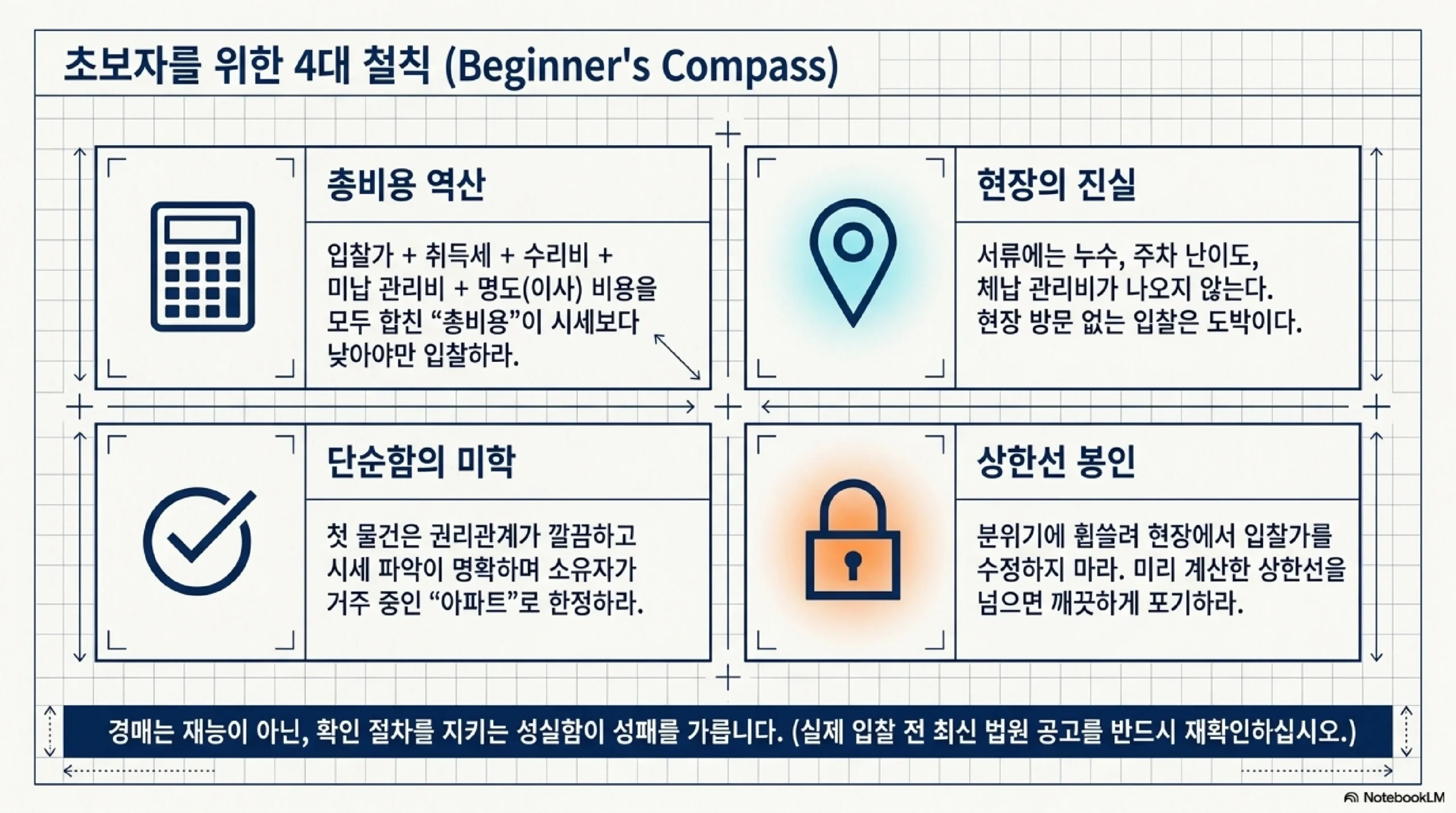 초보자를 위한 네 가지 원칙 — 총비용 역산 현장 방문 필수 권리관계 단순한 아파트로 한정 미리 정한 입찰가 상한선 지키기