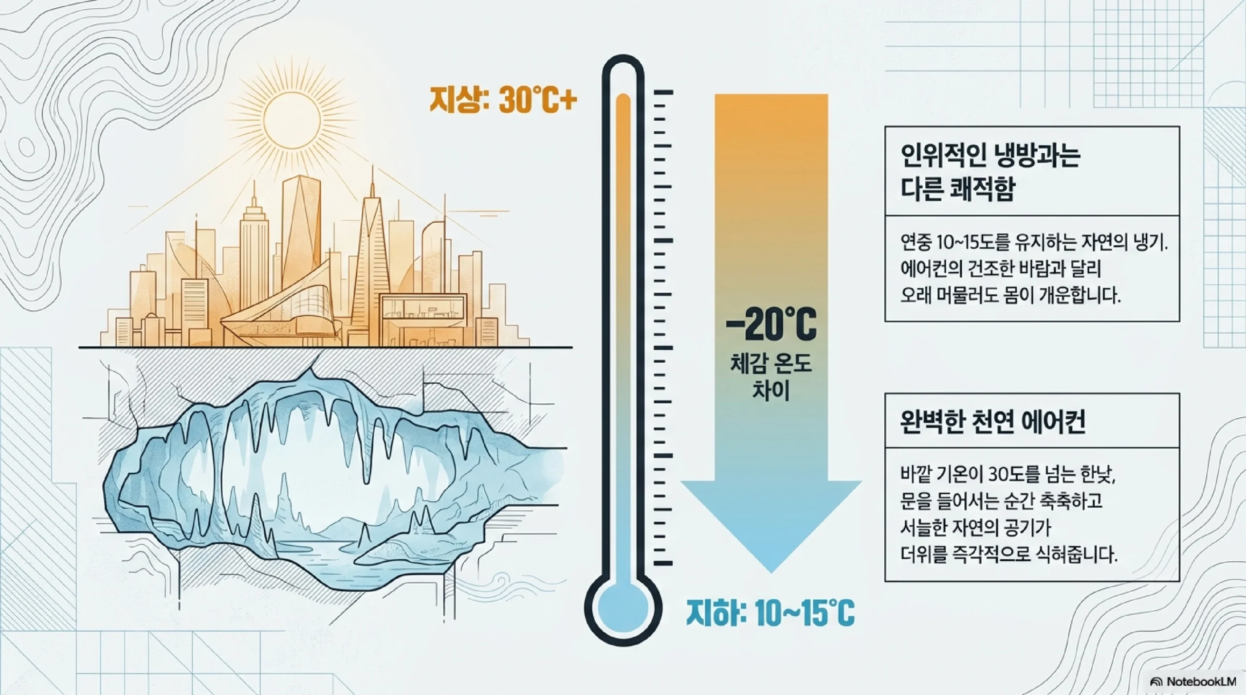 여름엔 왜 동굴인가 — 땅속 연중 10~15도 일정 바깥 30도에도 서늘 자연의 시원함 종유석 조명 볼거리 실내 피서지 날씨 무관
