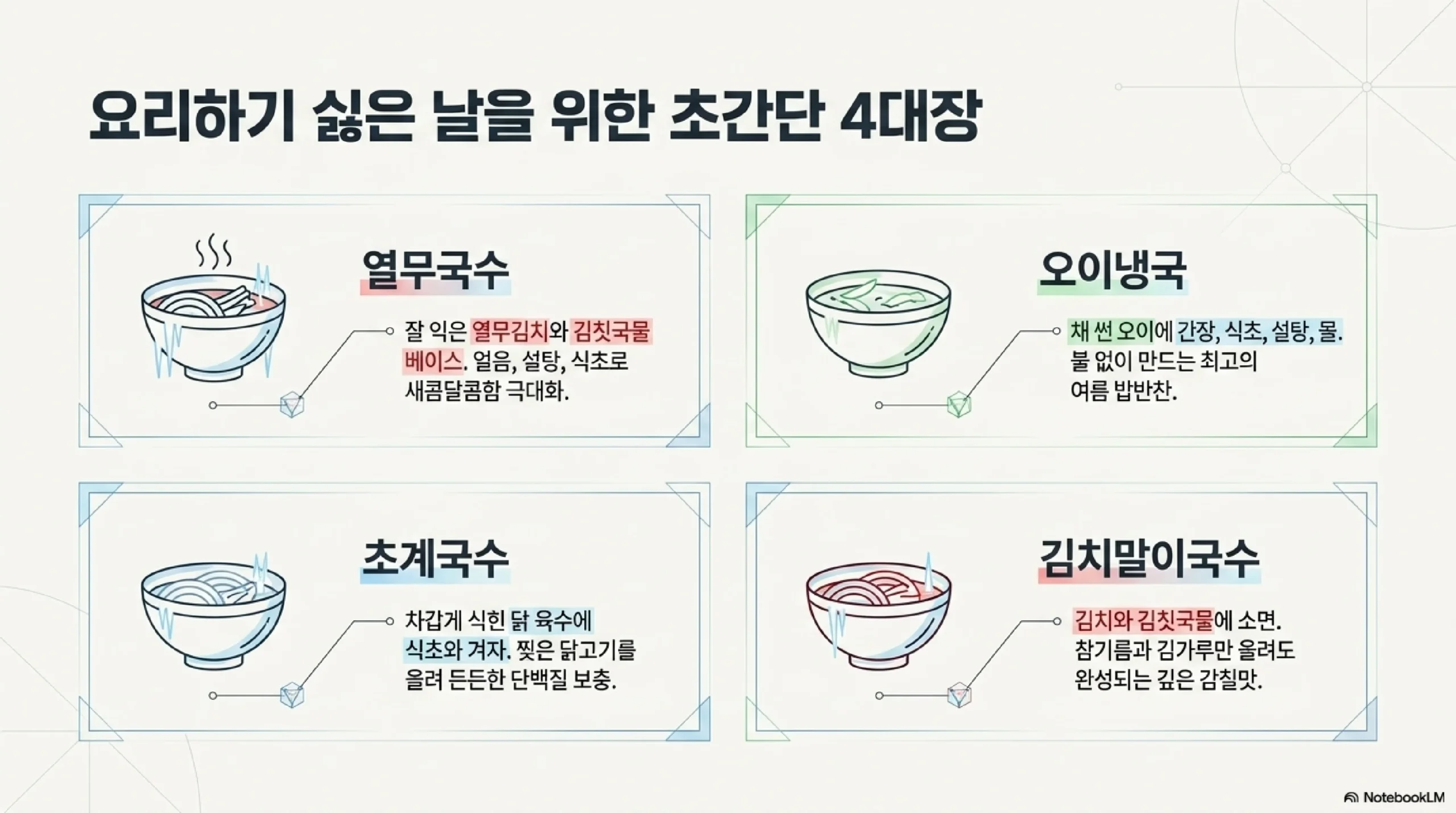 그 외 시원한 면 — 열무국수 김칫국물 오이냉국 초계국수 닭육수 겨자 김치말이국수 냉장고 재료 간단