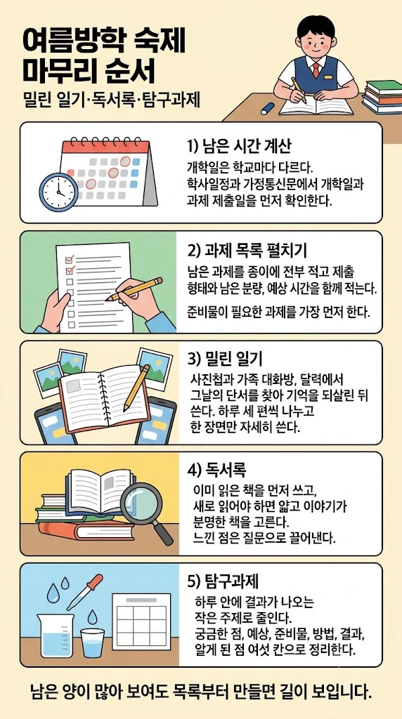 여름방학 숙제 마무리 순서 한눈에 보기 — 남은 날짜 계산 과제 목록 만들기 사진과 과거 날씨로 일기 기억 복원 얇은 책으로 독서록 하루면 끝나는 탐구과제 남은 날짜별 하루 배분 인포그래픽