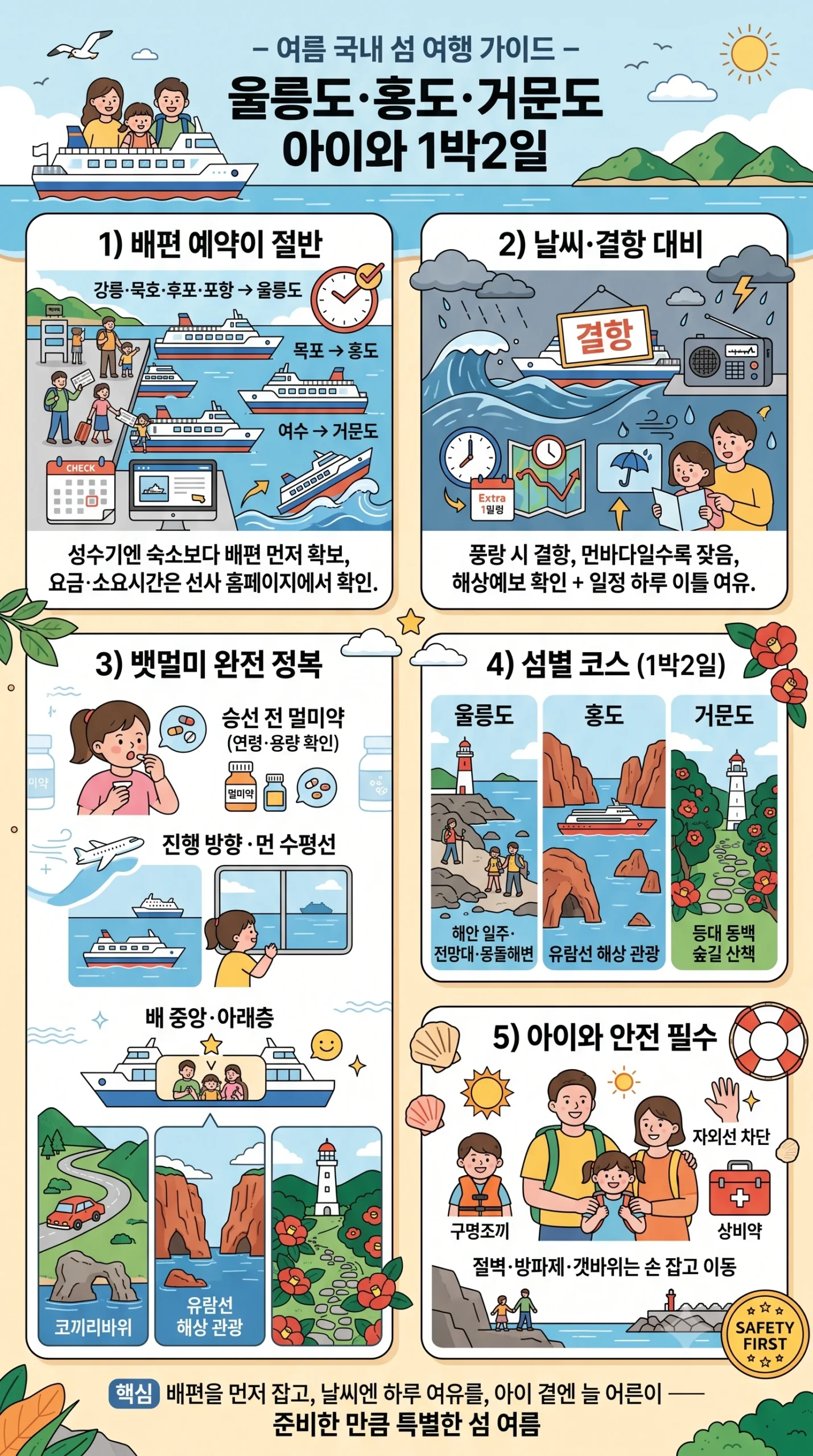 여름 국내 섬 여행 한눈에 보기 — 울릉도 홍도 거문도 배편 예약 결항 뱃멀미 대비 섬별 코스 예산 이동 아이 안전수칙 준비물 인포그래픽