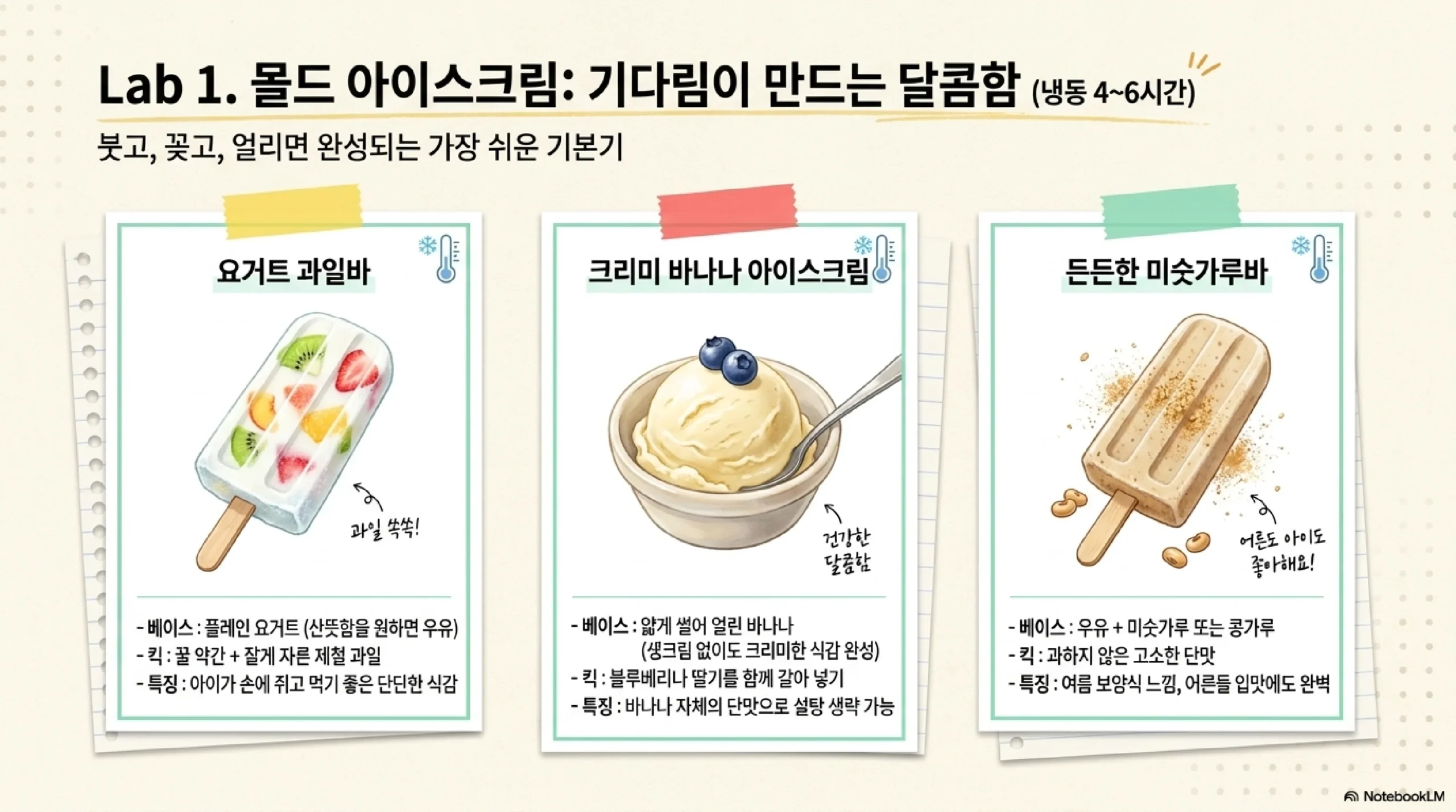준비물과 기본 재료 — 아이스크림 몰드 종이컵 나무막대 지퍼백 믹서 우유 요거트 제철 과일 꿀