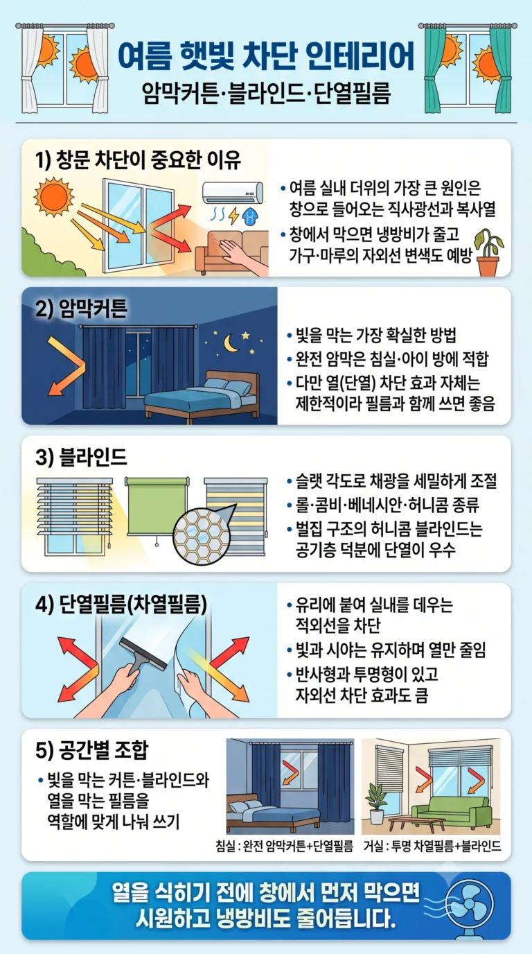 여름 햇빛 차단 인테리어 — 암막커튼·블라인드·창문 단열필름