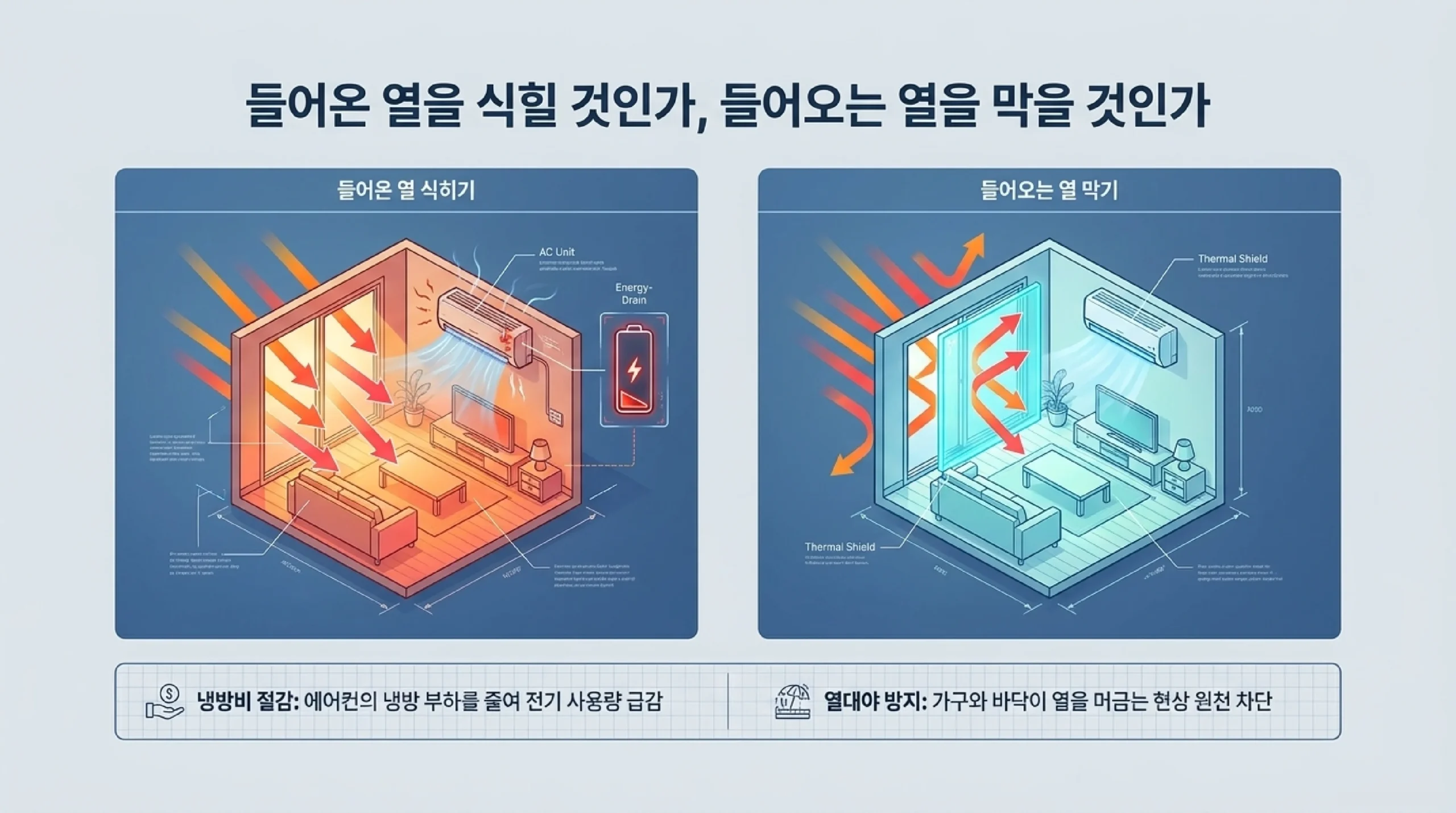 창문 차단이 중요한 이유 — 여름 실내 더위 주범은 창으로 들어오는 직사광선과 복사열 막으면 냉방비 절감 가구 자외선 보호