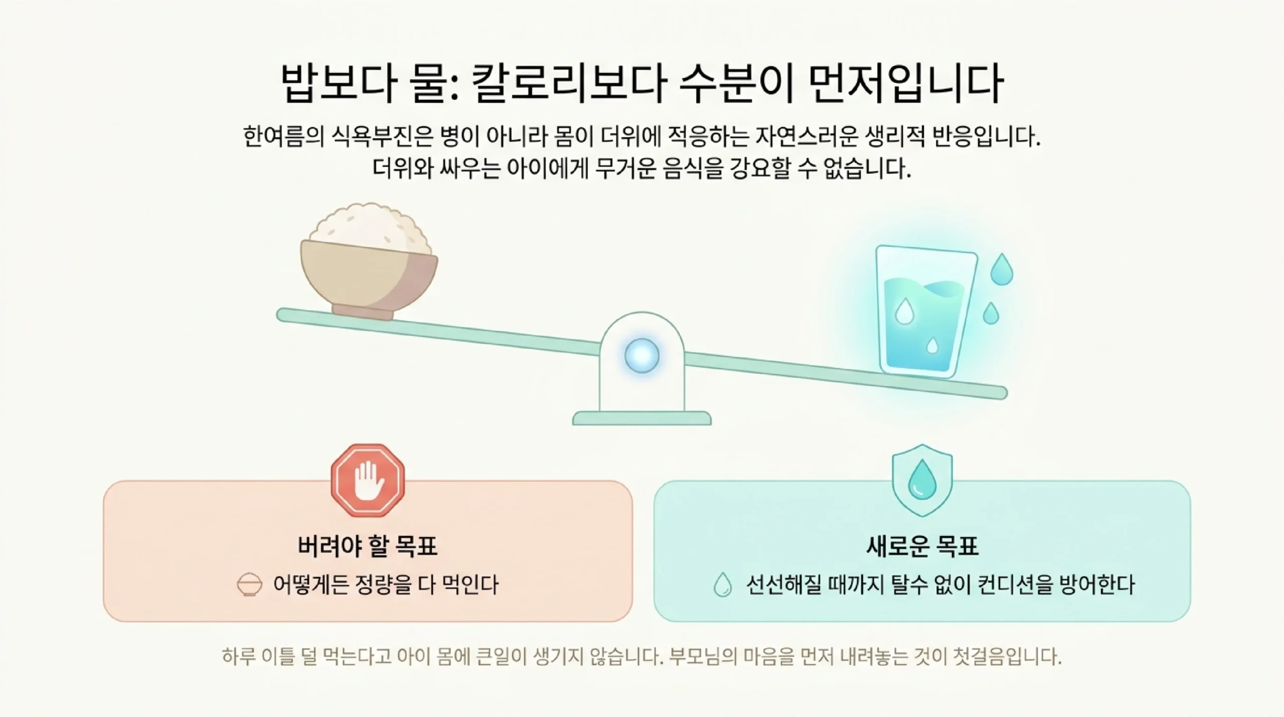여름에 아이 입맛이 떨어지는 이유 — 체온 조절 부담, 수분 위주 섭취, 활동량 감소, 찬 음식으로 소화 저하