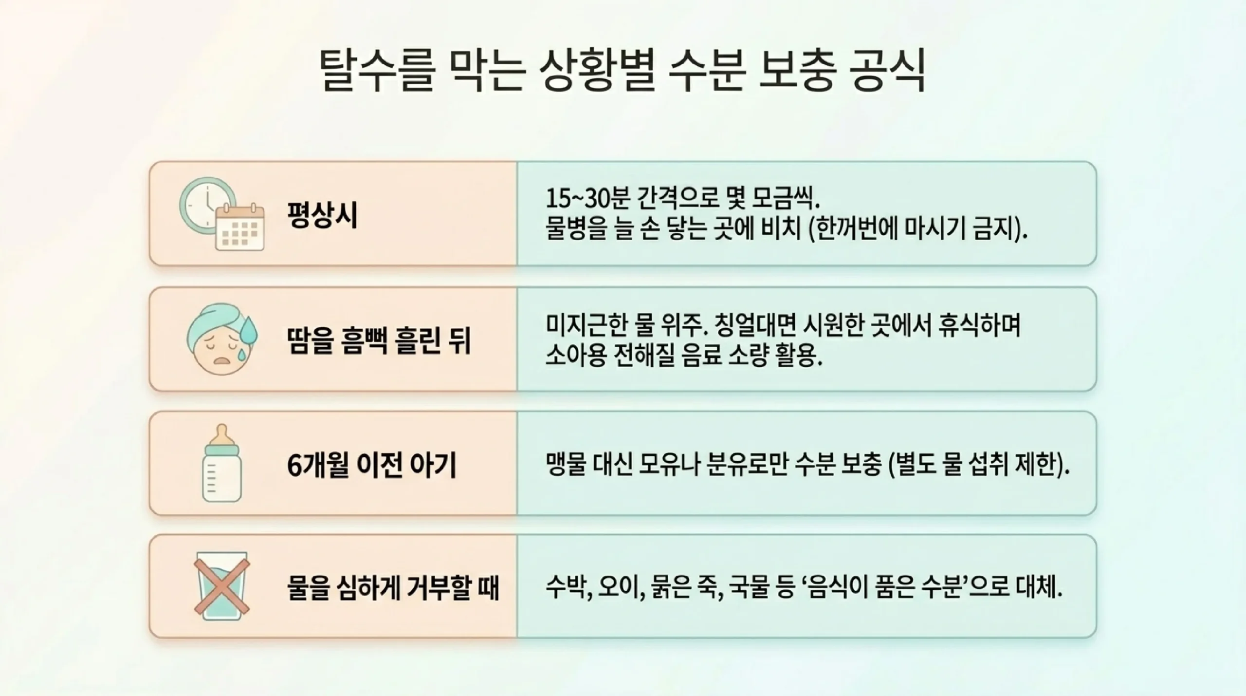 이온음료 주스 대신 물 — 당분 높은 음료는 입맛 저하와 충치 위험, 땀 많이 흘린 경우만 전해질 소량