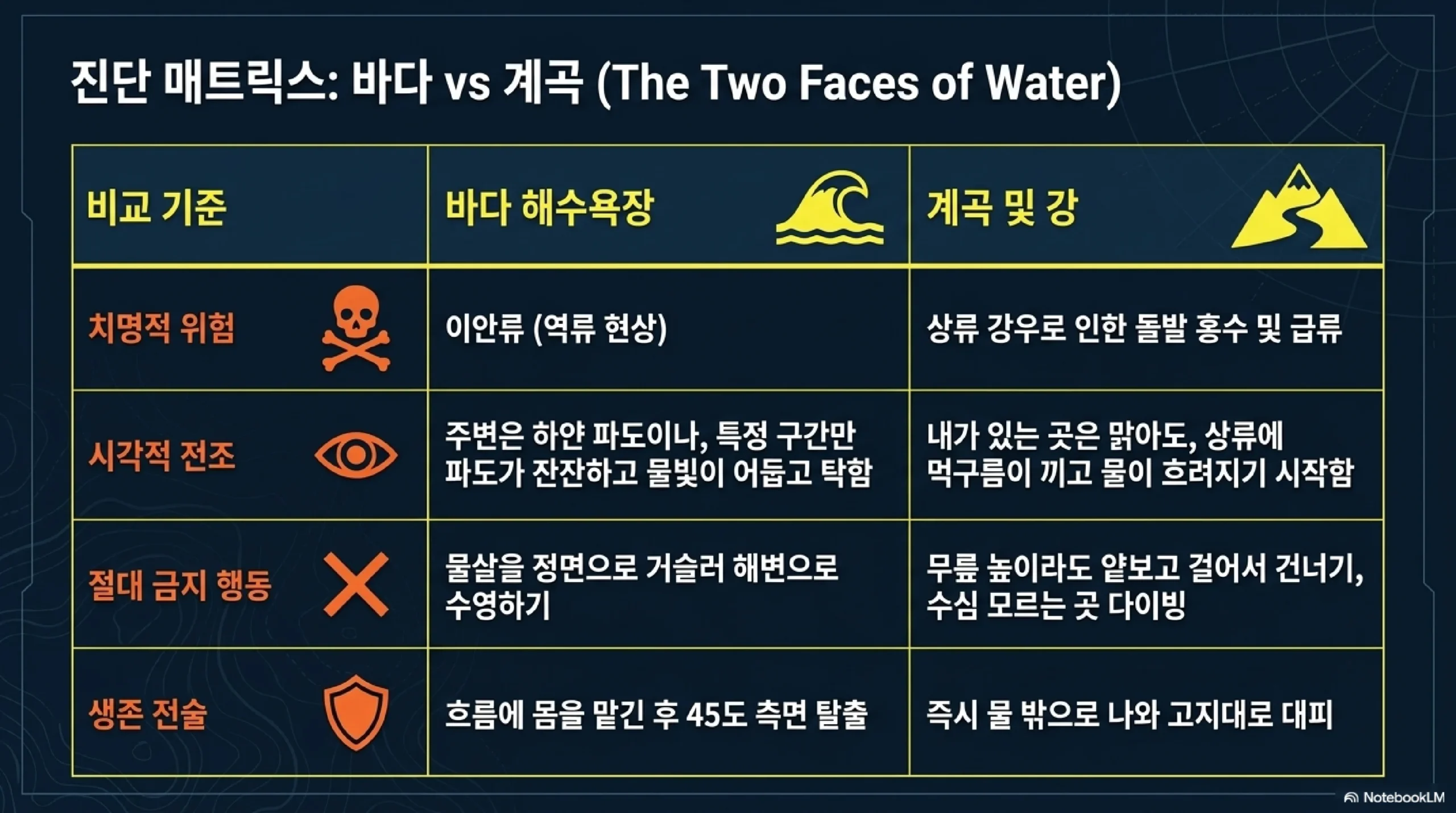 바다 이안류 대처 — 해안으로 온 물이 바다로 빠지는 강한 역류 초속 3미터 거슬러 헤엄 금지 45도 대각선 탈출