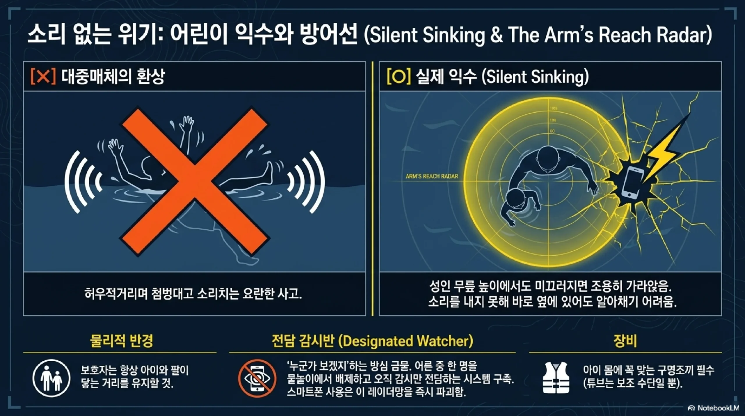 어린이 물놀이 안전 — 얕은 물도 위험 조용히 가라앉음 팔 닿는 거리 감시 담당 지정 구명조끼 튜브는 보조