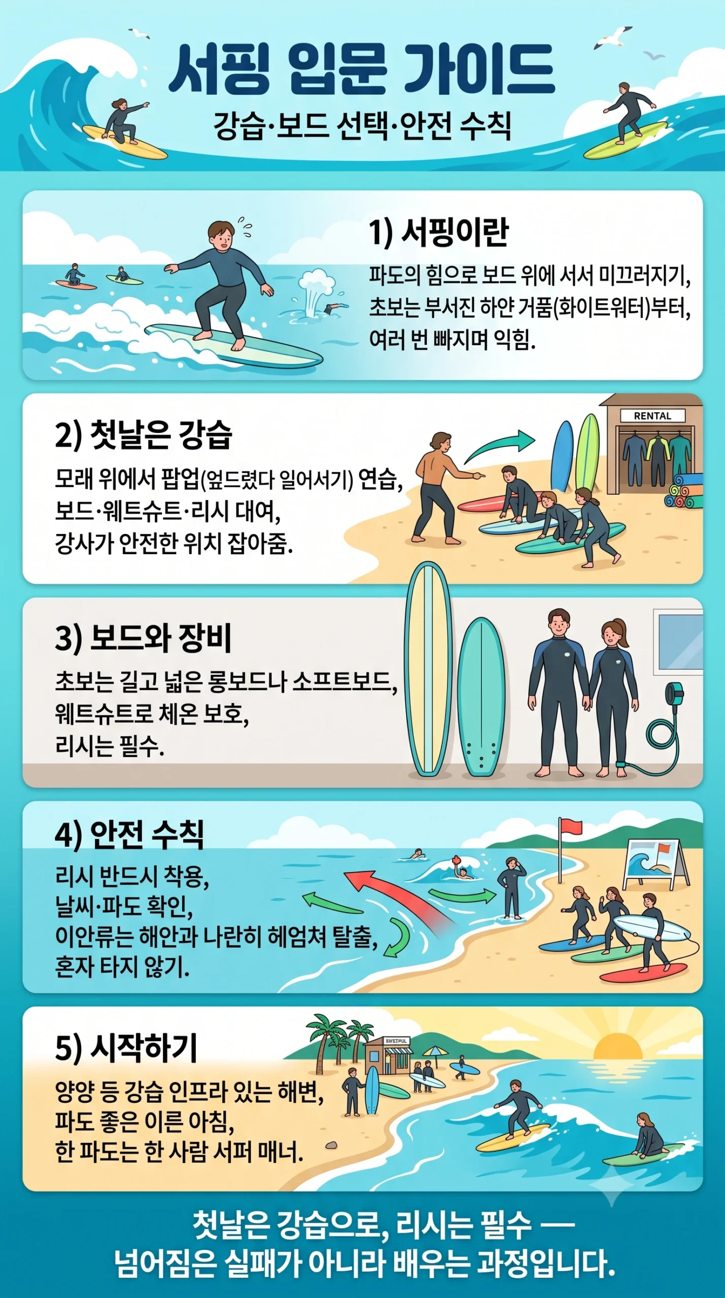 서핑 입문 한눈에 보기 — 화이트워터 팝업 강습 롱보드 소프트보드 웨트슈트 리시 이안류 안전 수칙 해변 선택 인포그래픽