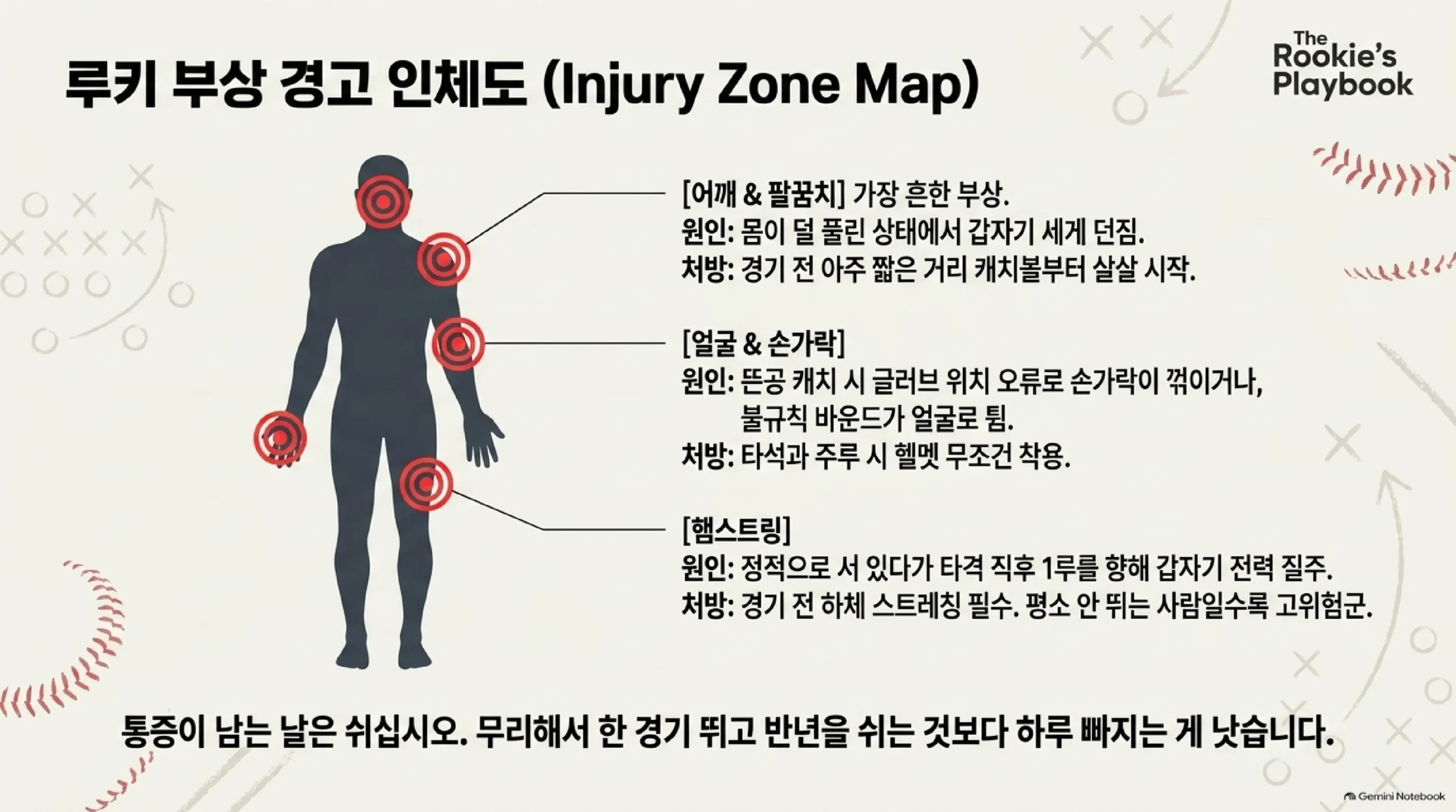 사회인 야구에서 자주 다치는 부위와 예방법을 표시한 인체도 — 어깨와 팔꿈치는 몸이 덜 풀린 상태에서 갑자기 세게 던지는 것이 원인이라 경기 전 캐치볼을 아주 짧은 거리에서 살살 시작해 거리를 늘려야 하고, 얼굴과 손가락은 뜬공을 잡을 때 글러브 위치를 잘못 잡아 손가락이 꺾이거나 불규칙 바운드가 얼굴로 튀는 경우이므로 타석과 주루에서 헬멧을 반드시 써야 하며, 햄스트링은 정적으로 서 있다가 타격 직후 1루를 향해 갑자기 전력 질주하면서 나가므로 경기 전 하체 스트레칭이 필수이고 평소 뛰지 않는 사람일수록 위험하며, 통증이 남는 날은 무리해서 한 경기 뛰고 반년을 쉬는 것보다 하루 빠지는 편이 낫다는 안내