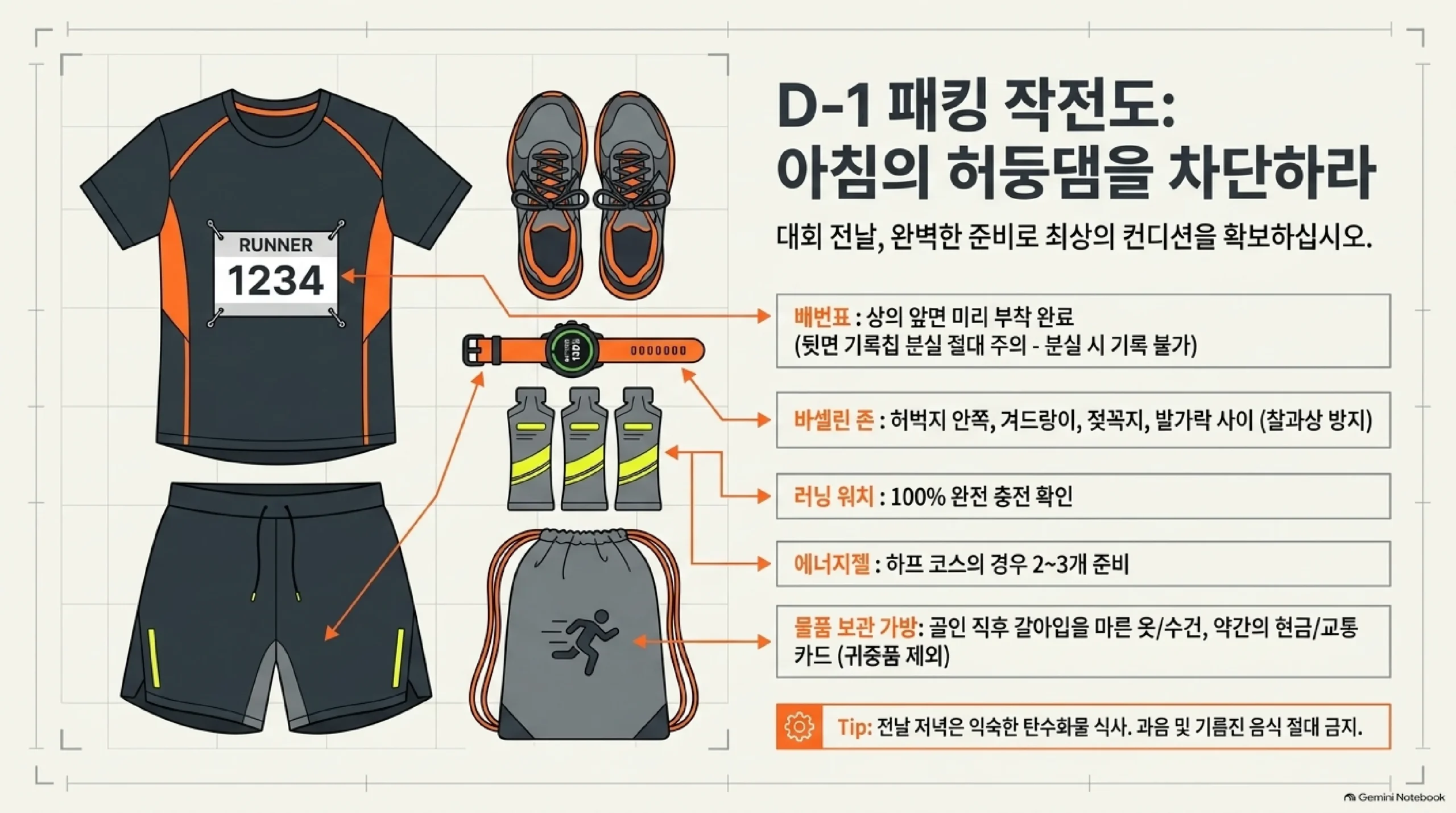 대회 전날 패킹 작전도 — 배번표는 상의 앞면에 미리 부착해 두고 뒷면에 붙은 기록칩은 분실하면 기록이 집계되지 않으니 절대 주의해야 하며, 바셀린은 허벅지 안쪽과 겨드랑이, 젖꼭지, 발가락 사이에 발라 찰과상을 막고, 러닝 워치는 100퍼센트 완전 충전을 확인하며, 에너지젤은 하프 코스라면 2에서 3개를 준비하고, 물품 보관 가방에는 골인 직후 갈아입을 마른 옷과 수건, 약간의 현금과 교통카드를 넣되 귀중품은 빼야 하며, 전날 저녁은 익숙한 탄수화물 식사로 하고 과음과 기름진 음식은 금지라는 준비물 정리