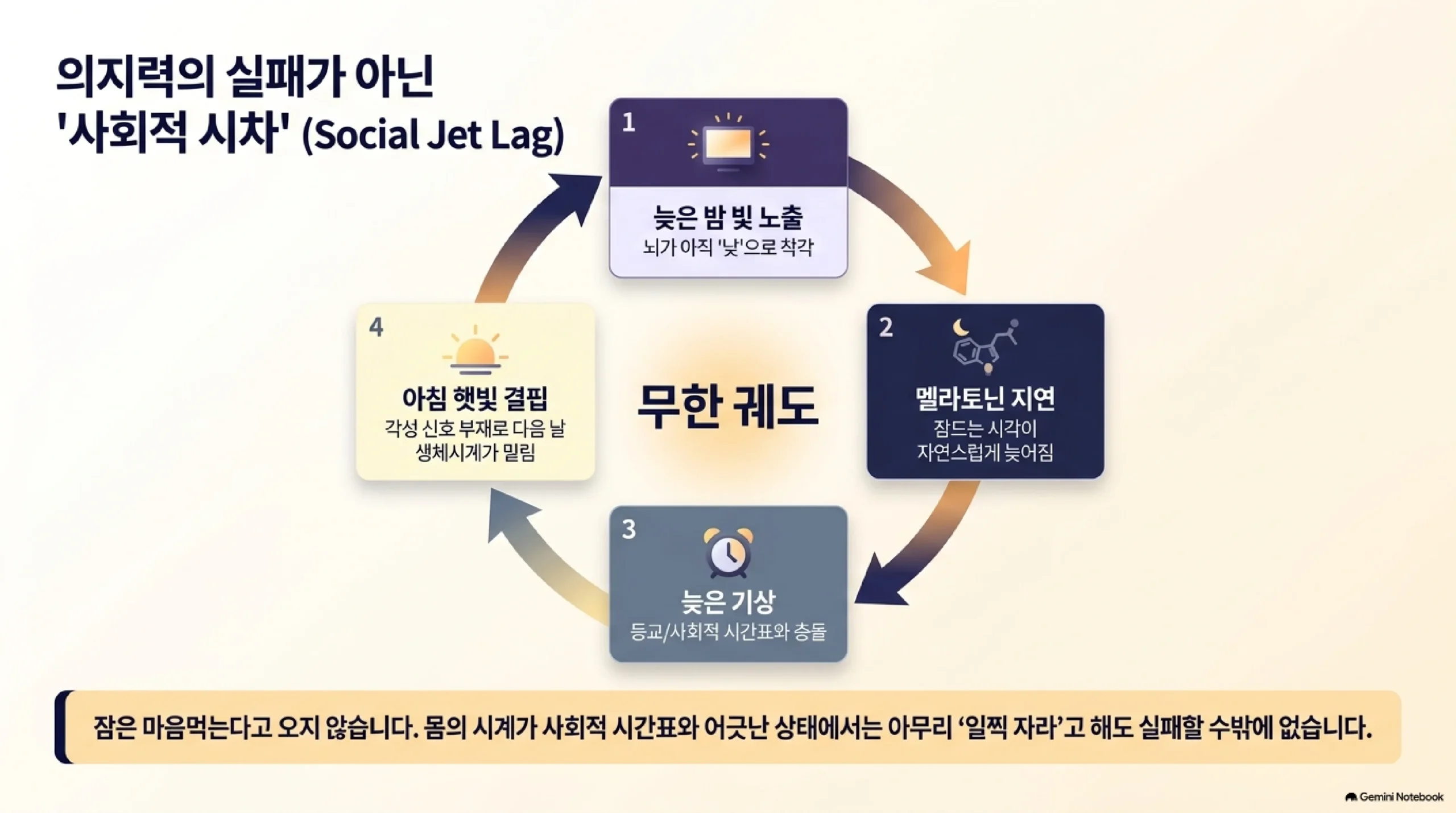 방학 중 늦어진 수면이 저절로 돌아오지 않는 이유를 네 단계 순환 그림으로 설명한 도식 — 늦은 밤 화면 빛에 노출되면 뇌가 아직 낮이라고 착각하고, 그 결과 멜라토닌 분비가 지연돼 잠드는 시각이 자연스럽게 늦어지며, 늦게 자니 늦게 일어나 등교와 사회적 시간표와 충돌하고, 아침 햇빛을 놓쳐 각성 신호가 없으니 다음 날 생체시계가 또 밀리는 무한 궤도가 만들어지므로, 잠은 마음먹는다고 오지 않고 몸의 시계가 어긋난 상태에서는 일찍 자라는 말만으로는 실패한다는 설명