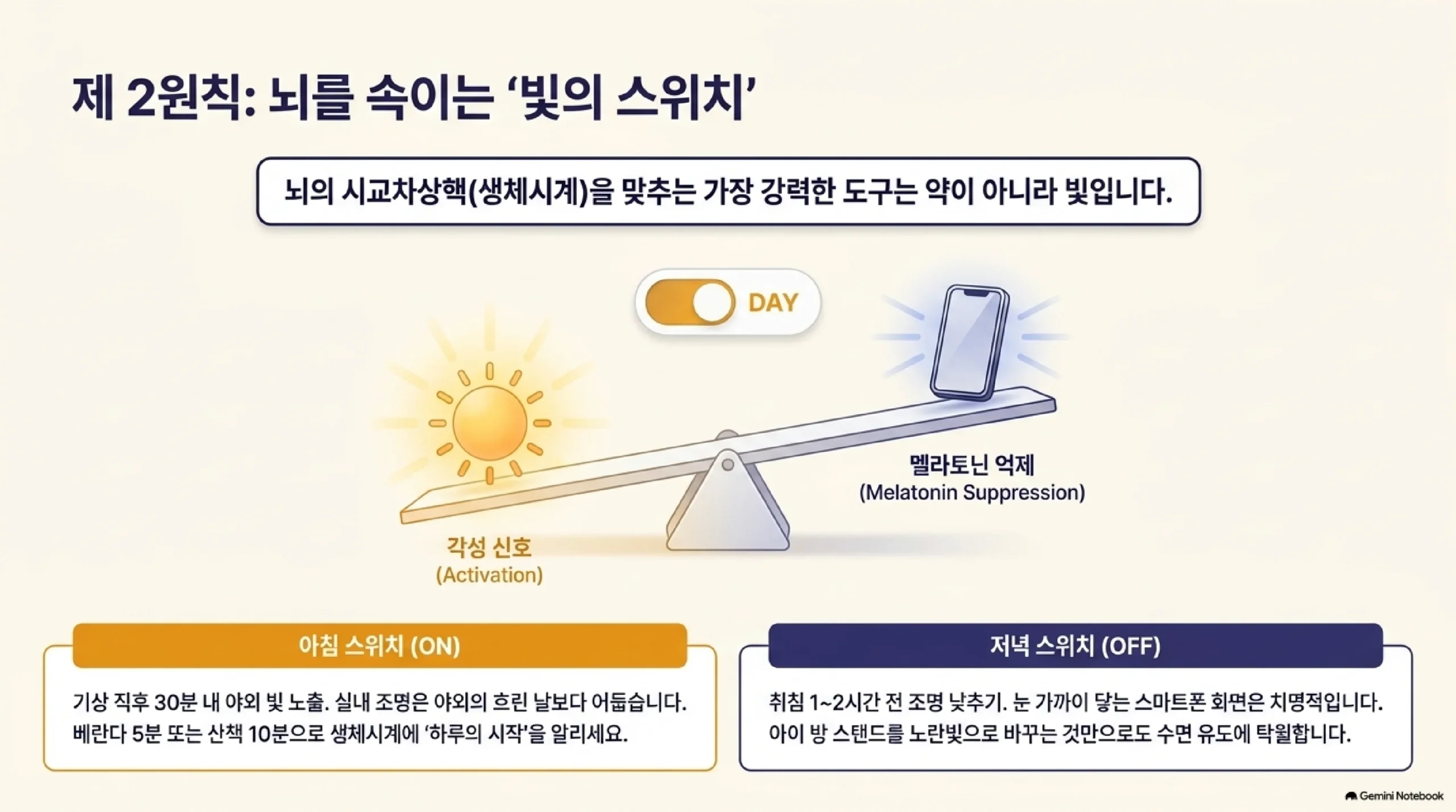 생체시계를 맞추는 도구가 약이 아니라 빛이라는 점을 시소 그림으로 표현한 자료 — 아침 스위치는 켜는 쪽으로 기상 직후 30분 안에 야외 빛을 봐야 하고 실내 조명은 야외의 흐린 날보다 어두우므로 베란다 5분이나 산책 10분으로 생체시계에 하루의 시작을 알리며, 저녁 스위치는 끄는 쪽으로 취침 1시간에서 2시간 전 조명을 낮추고 눈 가까이 닿는 스마트폰 화면을 멀리하며 아이 방 스탠드를 노란빛으로 바꾸는 것만으로도 수면 유도에 도움이 된다는 설명