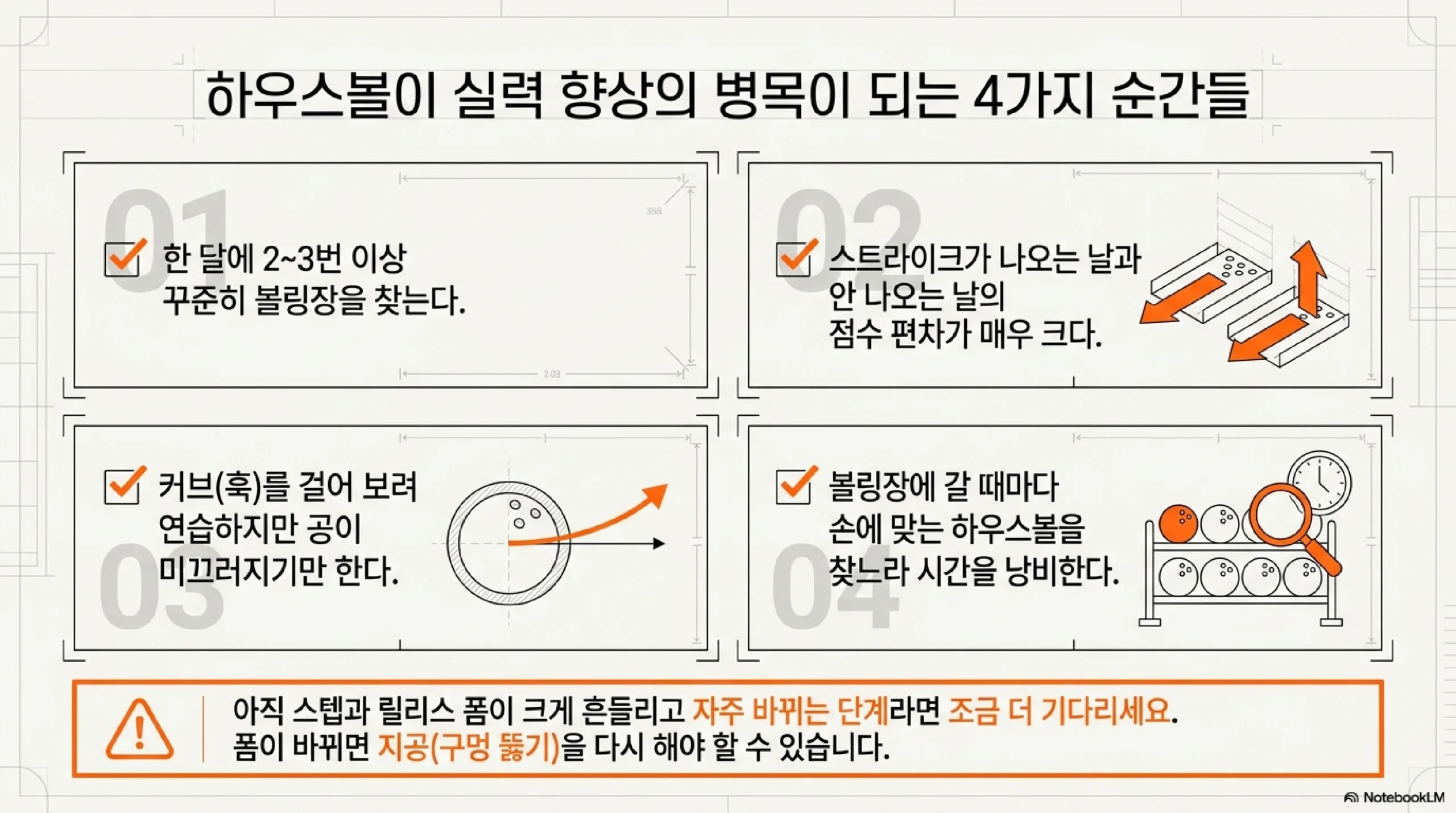 마이볼이 필요해지는 네 가지 순간 — 한 달 두세 번 이상 꾸준히 플레이, 점수 편차가 큼, 커브를 걸어도 공이 미끄러짐, 매번 손에 맞는 하우스볼 찾느라 시간 낭비