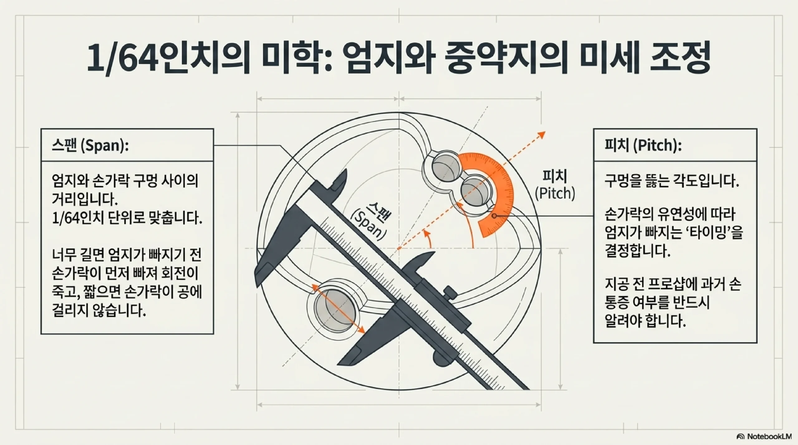 스팬과 피치의 미세 조정 — 엄지와 손가락 구멍 사이 거리를 64분의 1인치 단위로 맞추고, 구멍을 뚫는 각도가 엄지가 빠지는 타이밍을 결정, 손 통증 이력은 반드시 프로샵에 알릴 것