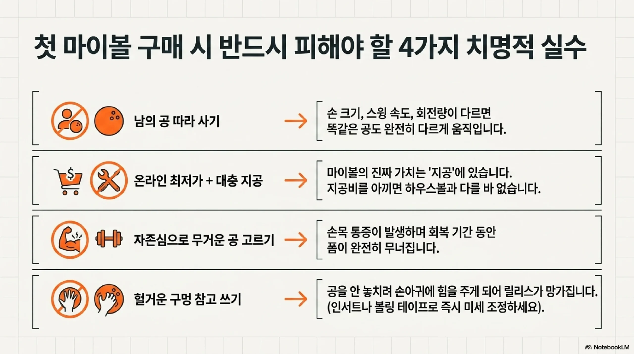 첫 마이볼 구매 시 피해야 할 네 가지 실수 — 남의 공 따라 사기, 온라인 최저가에 대충 지공, 자존심으로 무거운 공 고르기, 헐거운 구멍 참고 쓰기
