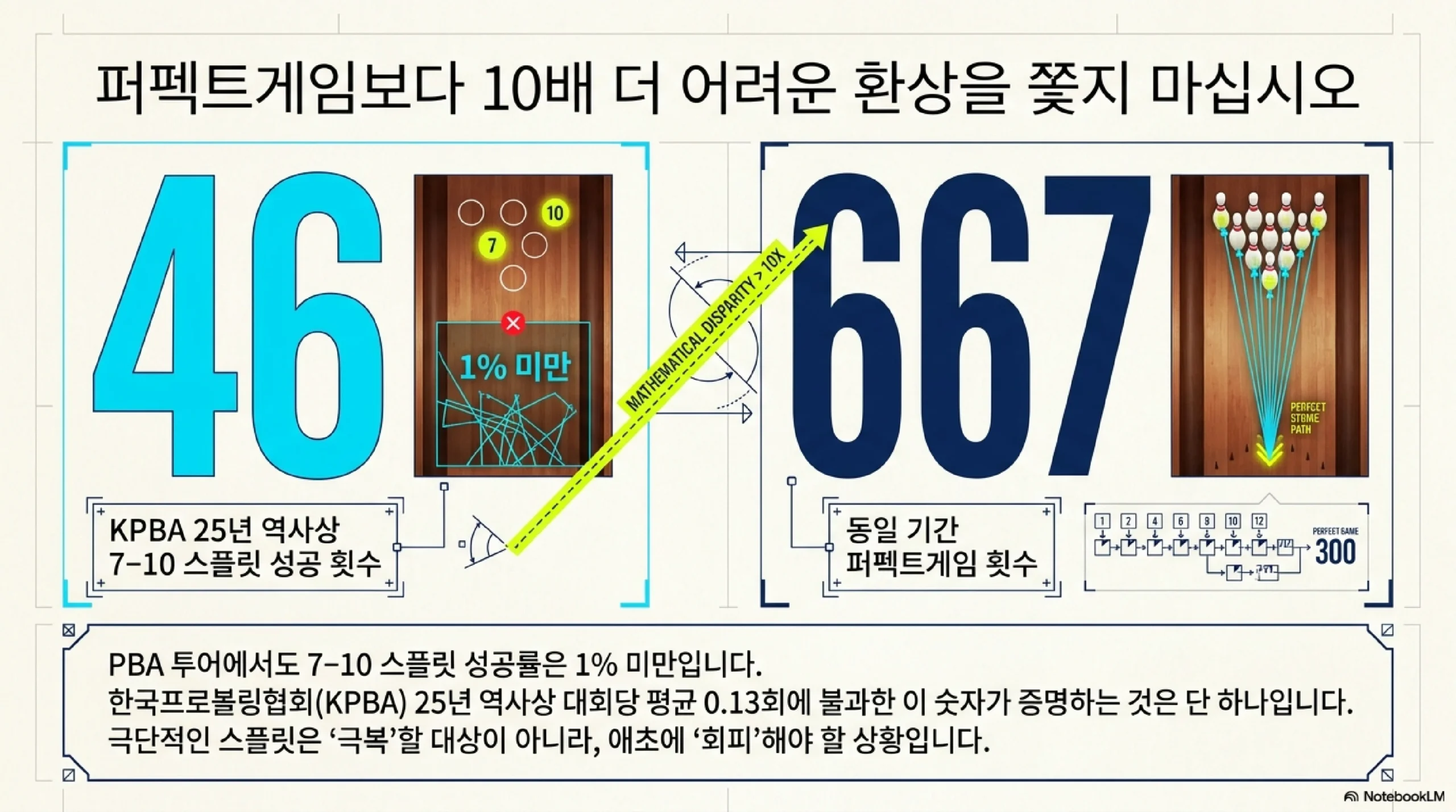 7-10 스플릿과 퍼펙트게임 비교 — 한국프로볼링협회 25년 역사상 7-10 스플릿 성공은 46회, 같은 기간 퍼펙트게임은 667회였고 PBA 투어 성공률도 1퍼센트 미만이라 극단적 스플릿은 극복이 아니라 회피할 상황이다