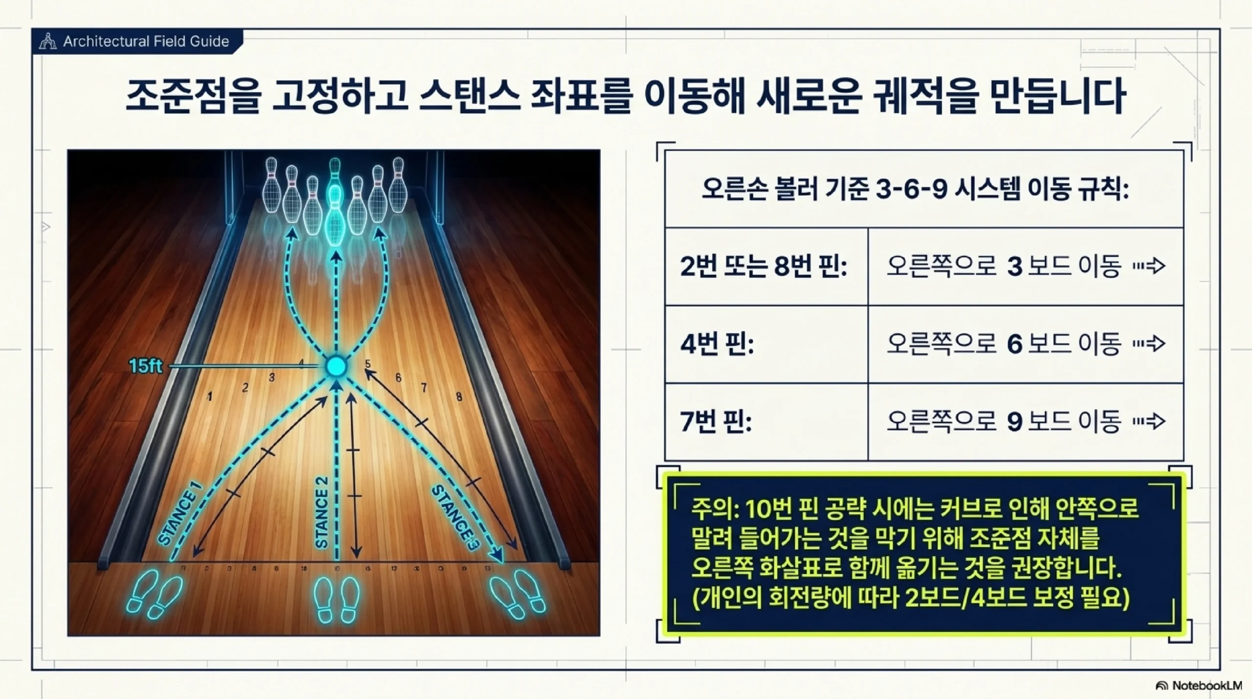 3-6-9 스페어 시스템 이동 규칙 — 오른손 볼러 기준으로 조준점은 고정한 채 2번·8번 핀은 오른쪽 3보드, 4번 핀은 6보드, 7번 핀은 9보드 이동하고, 10번 핀은 커브가 말려 들어가지 않도록 조준점도 함께 옮긴다