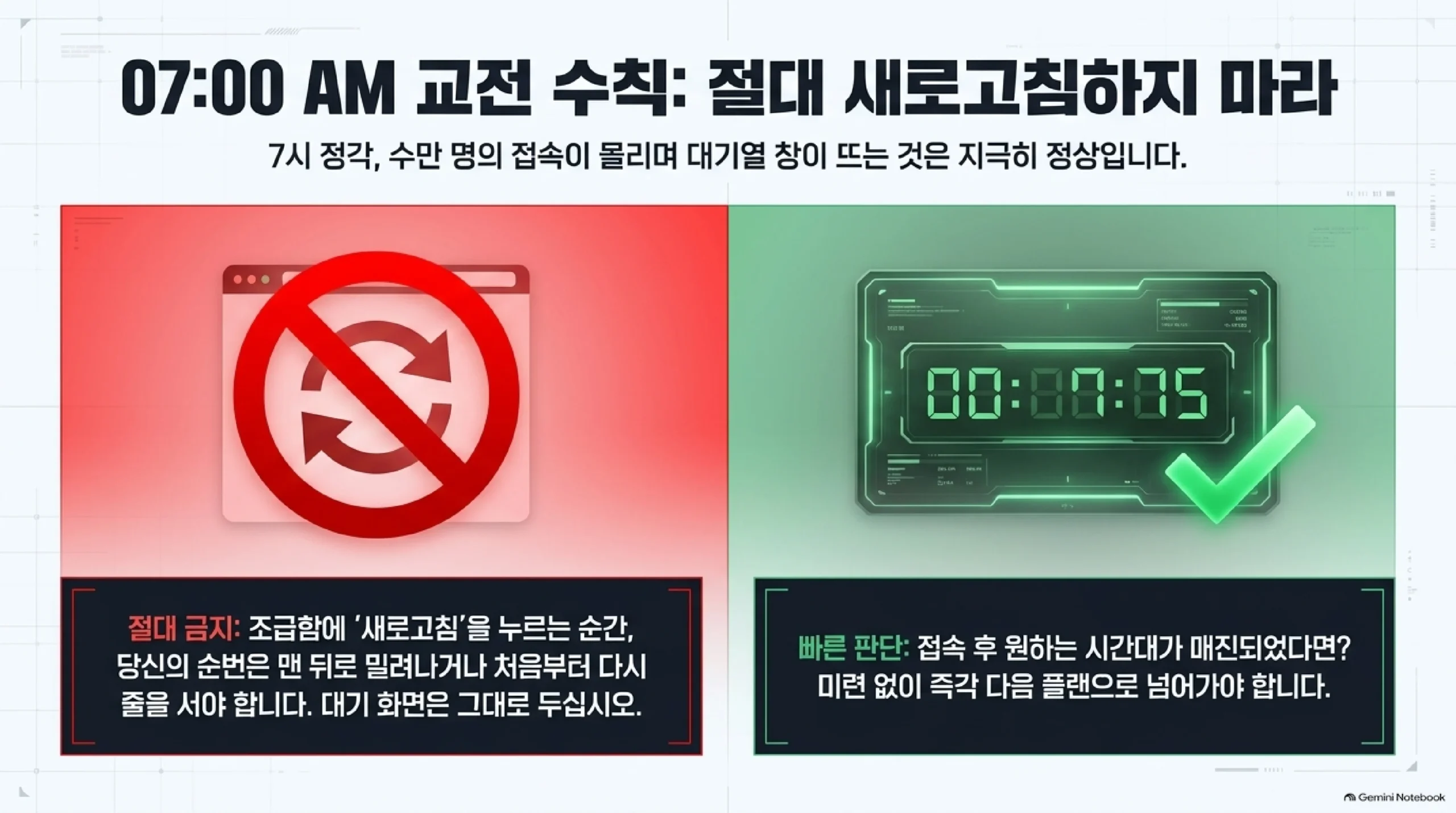 예매 시작 시각인 아침 7시 정각에 지켜야 할 두 가지 원칙 — 접속이 몰려 대기열 창이 뜨는 것은 정상이므로 조급한 마음에 새로고침을 누르면 순번이 맨 뒤로 밀리거나 처음부터 다시 줄을 서게 되니 대기 화면은 그대로 두어야 하고, 일단 예매창에 들어간 뒤 원하는 시간대가 이미 매진이라면 미련을 두지 말고 즉시 다음 선택지로 넘어가는 빠른 판단이 좌석을 가른다는 안내