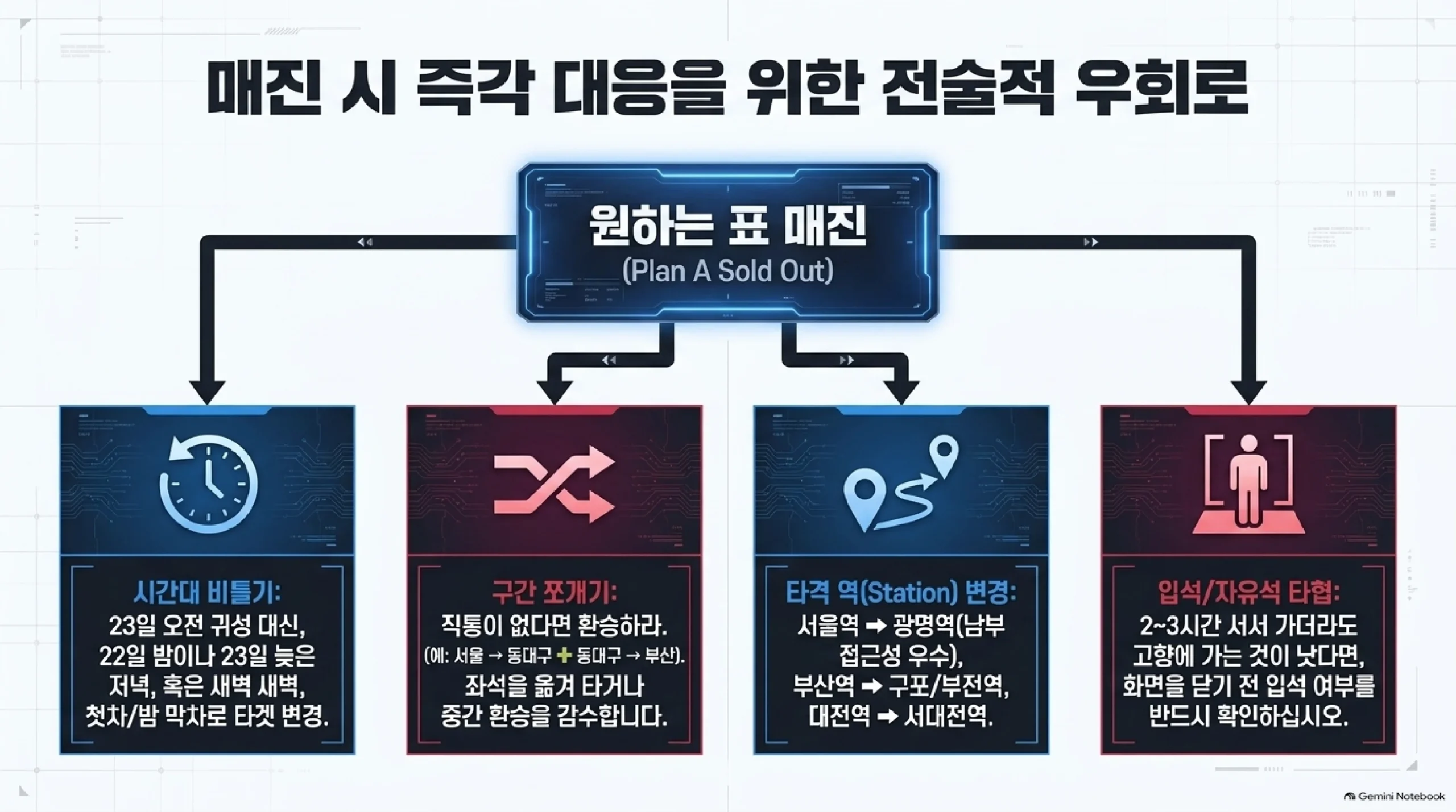 원하는 표가 매진됐을 때 쓰는 네 가지 우회로 — 귀성이 몰리는 9월 23일 오전 대신 22일 밤이나 23일 늦은 저녁, 새벽 첫차와 밤 막차로 시간대를 옮기고, 서울에서 부산까지 직통이 없으면 서울에서 동대구, 동대구에서 부산으로 구간을 쪼개 중간 환승을 감수하며, 서울역이 안 되면 광명역, 부산역이 안 되면 구포역이나 부전역, 대전역 대신 서대전역으로 타는 역을 바꾸고, 두세 시간을 서서 가더라도 고향에 가는 편이 낫다면 화면을 닫기 전에 입석과 자유석 판매 여부를 반드시 확인하라는 안내