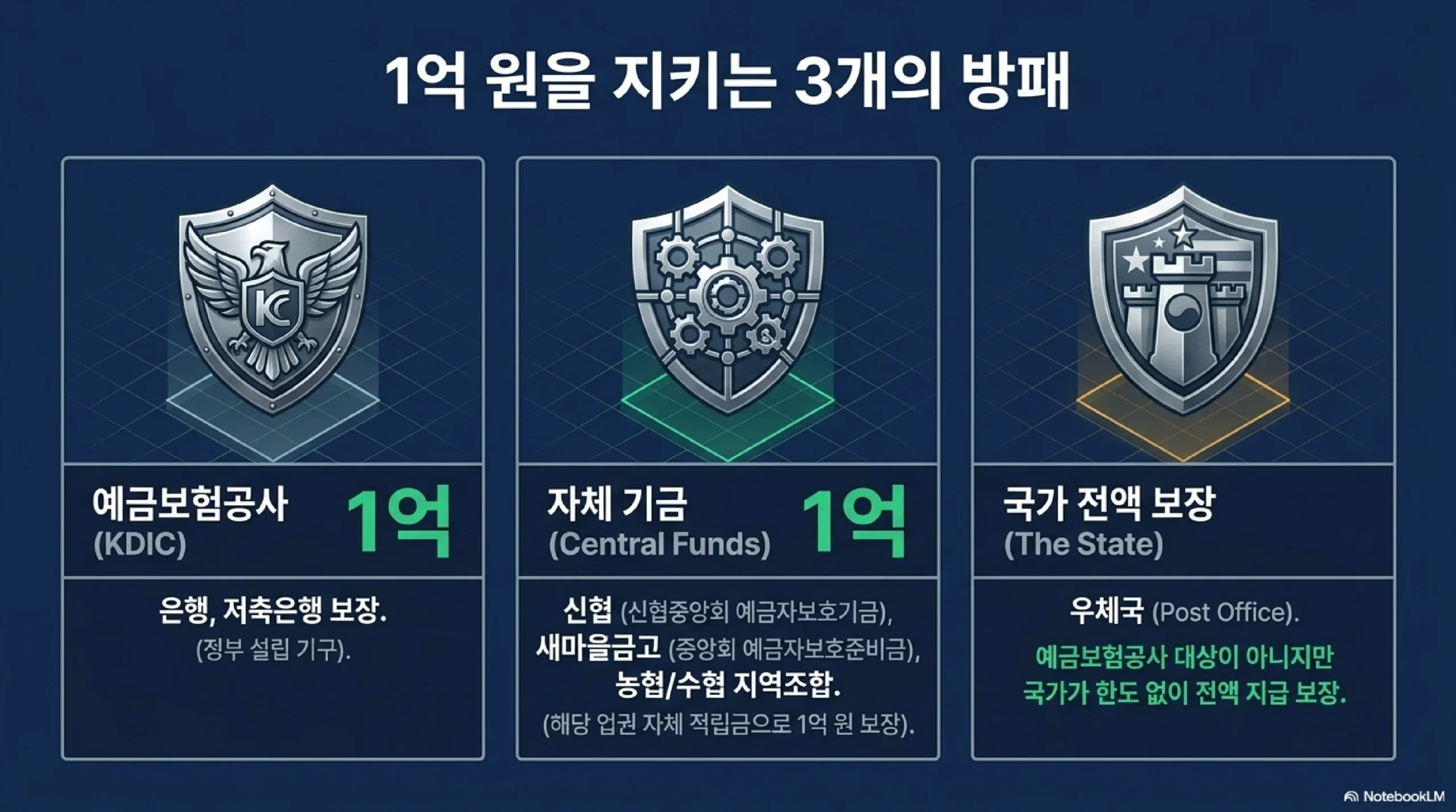 1억 원을 지키는 세 개의 방패 — 예금보험공사는 은행과 저축은행을 1억 원까지 보장하는 정부 설립 기구이고, 신협은 신협중앙회 예금자보호기금 새마을금고는 중앙회 예금자보호준비금 농협과 수협 지역조합은 해당 업권 자체 적립금으로 1억 원을 보장하며, 우체국은 예금보험공사 대상이 아니지만 국가가 한도 없이 전액 지급을 보장한다