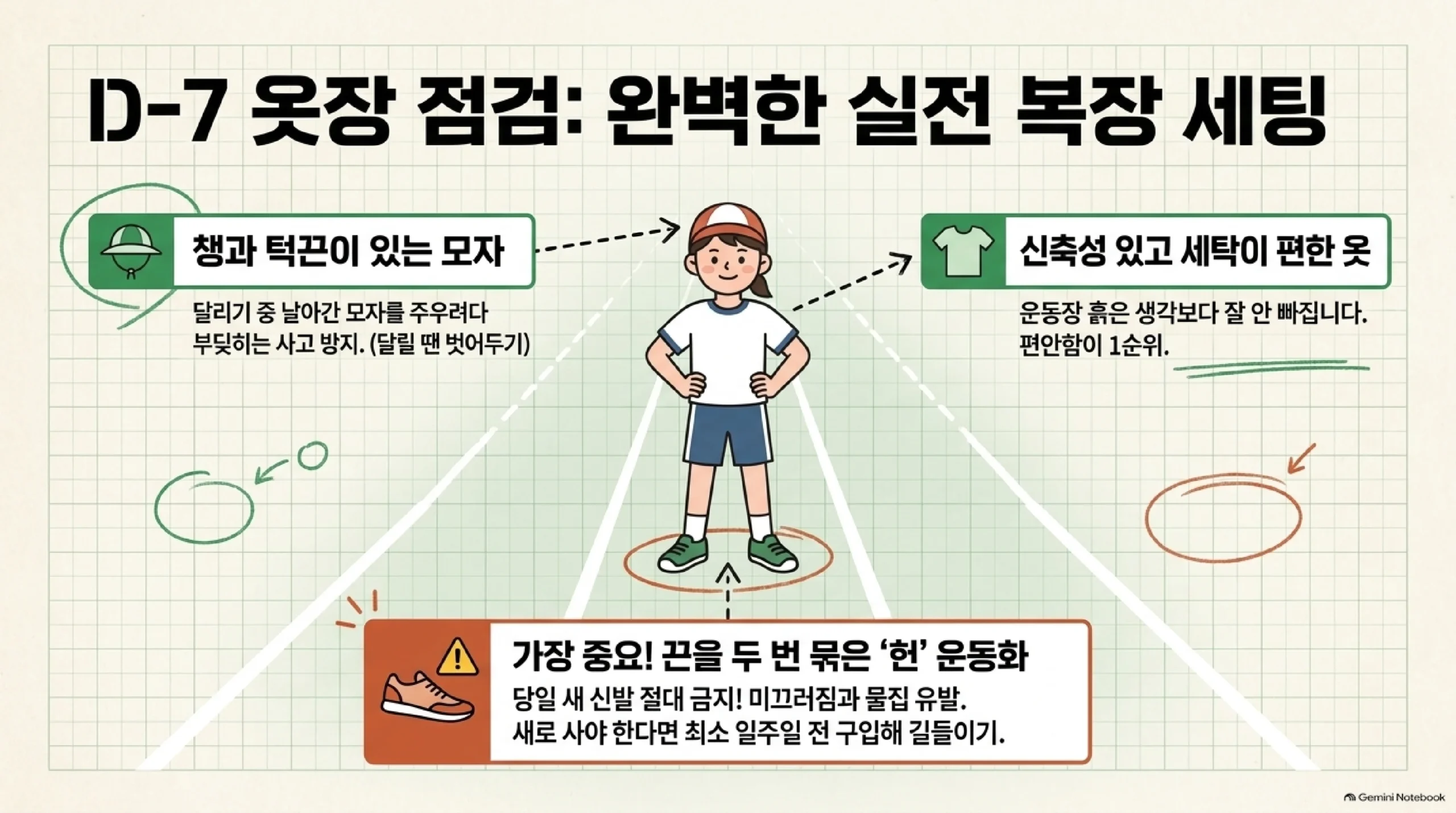 운동회 일주일 전 옷장 점검으로 실전 복장을 맞추는 방법 — 모자는 챙과 턱끈이 있는 것으로 골라 달리다가 날아간 모자를 주우려다 부딪히는 사고를 막고 달릴 때는 아예 벗어 두게 하며, 옷은 신축성이 있고 세탁이 편한 것으로 입히는데 운동장 흙은 생각보다 잘 빠지지 않으므로 편안함이 첫 번째 기준이고, 가장 중요한 것은 신발로 당일에 새 신발을 처음 신기면 물집과 미끄러짐이 생기므로 절대 금지이며 새로 사야 한다면 최소 일주일 전에 구입해 길들이고 끈은 두 번 묶는 방법을 아이가 직접 하도록 연습시키라는 안내