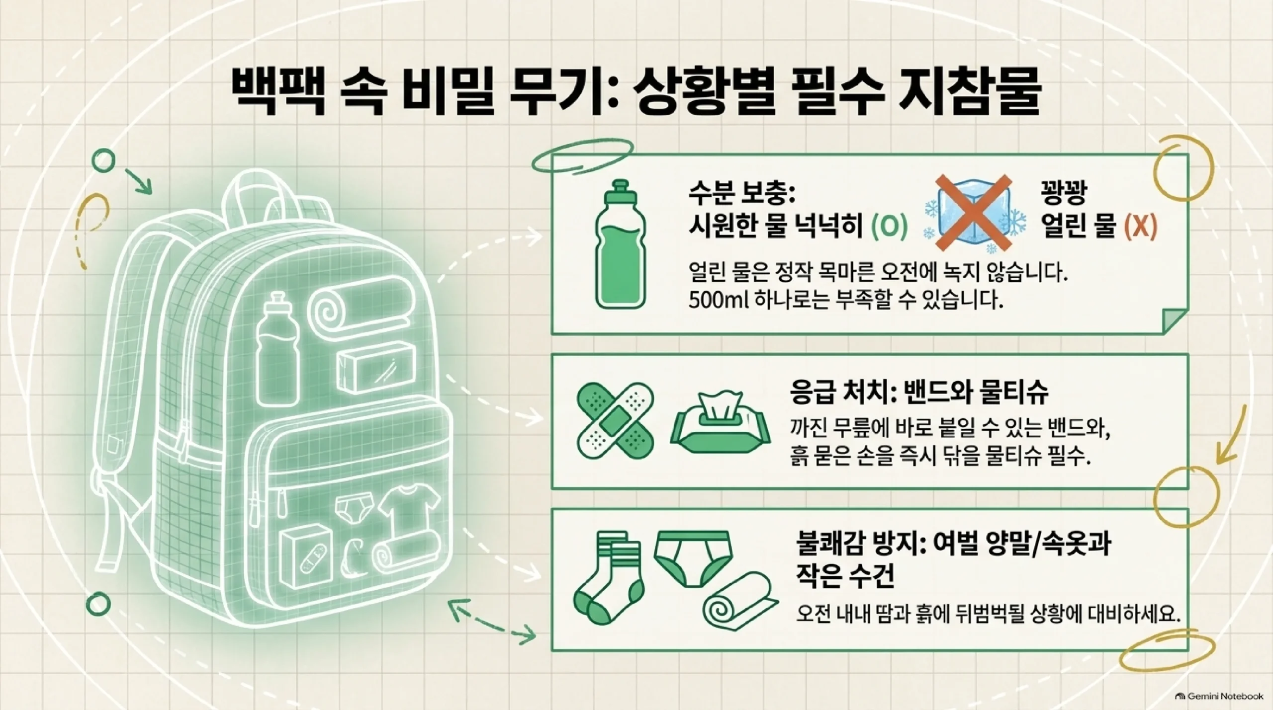 운동회 가방에 넣어 보낼 상황별 필수 지참물 — 수분 보충용으로는 시원한 물을 넉넉히 넣고 꽝꽝 언 물은 정작 목마른 오전에 녹지 않아 못 마시므로 피하며 500밀리리터 하나로는 부족할 수 있고, 응급 처치용으로 까진 무릎에 바로 붙일 수 있는 밴드와 흙 묻은 손을 즉시 닦을 물티슈를 넣으며, 불쾌감을 막기 위해 여벌 양말과 속옷, 작은 수건을 넣어 오전 내내 땀과 흙에 뒤범벅될 상황에 대비하라는 준비물 안내