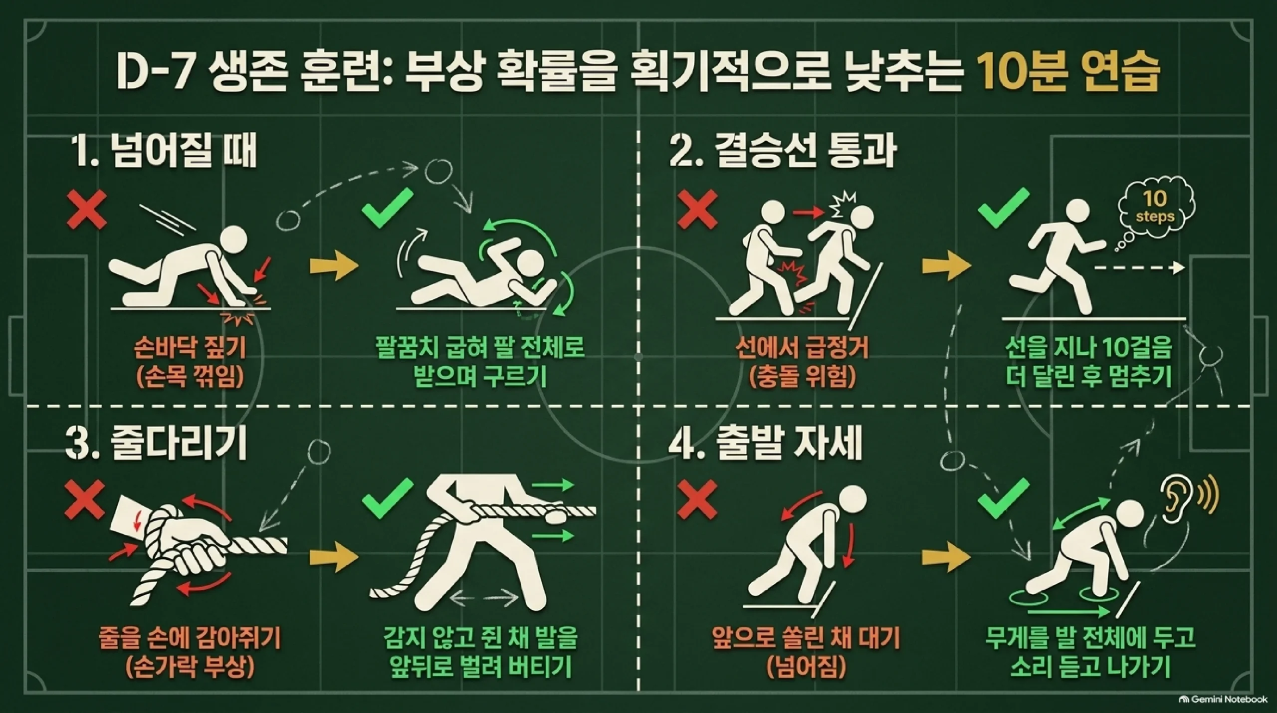 운동회 일주일 전 집에서 십 분씩 하는 부상 예방 연습 네 가지 — 넘어질 때는 손바닥으로 땅을 짚어 손목이 꺾이는 대신 팔꿈치를 굽혀 팔 전체로 받으며 옆으로 구르고, 결승선에서는 급정거해 뒤에서 달려오는 아이와 부딪히는 대신 선을 지나 열 걸음 더 달린 뒤 멈추며, 줄다리기에서는 줄을 손에 감아쥐어 손가락을 다치는 대신 감지 않고 쥔 채 발을 앞뒤로 벌려 버티고, 출발 자세는 앞으로 쏠린 채 대기하다 넘어지는 대신 무게를 발 전체에 두고 소리를 듣고 나가라는 동작 비교
