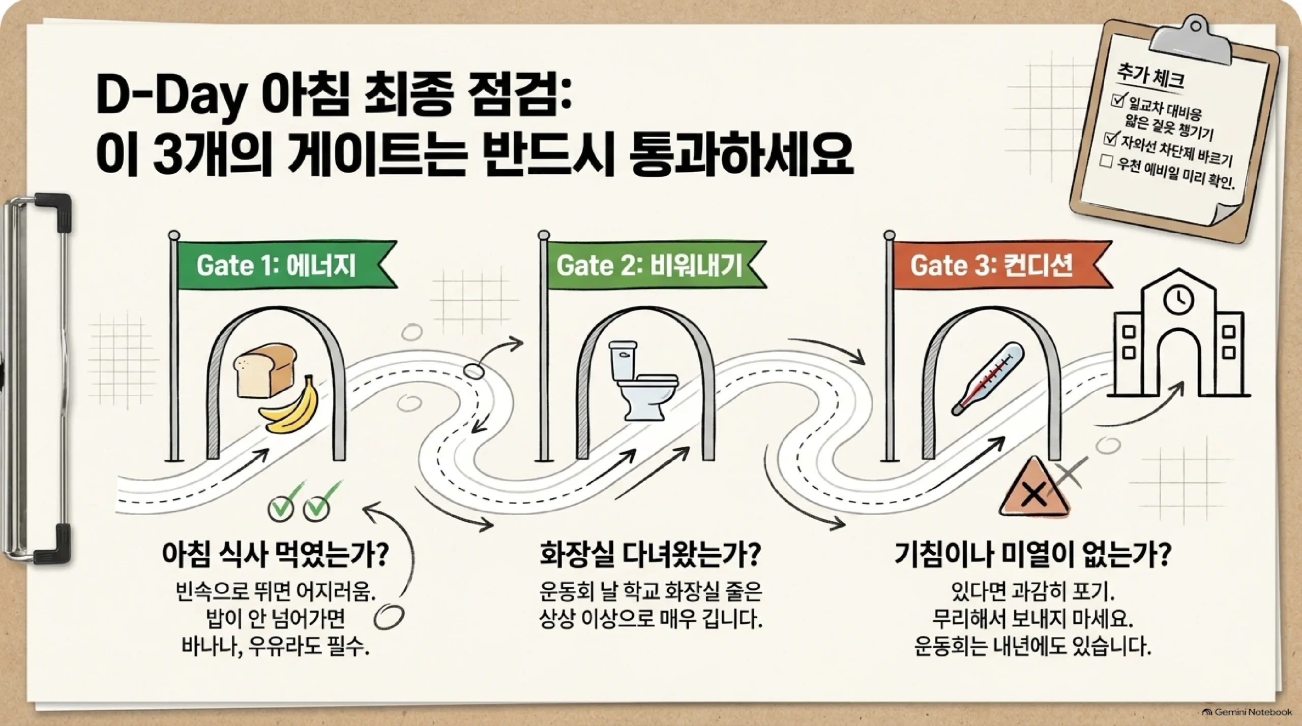 운동회 당일 아침에 반드시 통과해야 할 세 개의 점검 관문 — 첫 번째는 에너지로 빈속으로 뛰면 어지러우니 밥이 안 넘어가면 바나나나 우유라도 먹여 보내고, 두 번째는 화장실로 운동회 날 학교 화장실 줄은 상상 이상으로 길기 때문에 미리 다녀오게 하며, 세 번째는 컨디션으로 기침이나 미열이 있다면 과감히 포기하고 무리해서 보내지 말라는 것이며 운동회는 내년에도 있고, 추가로 일교차에 대비한 얇은 겉옷과 자외선 차단제, 우천 시 예비일 확인을 챙기라는 아침 체크리스트