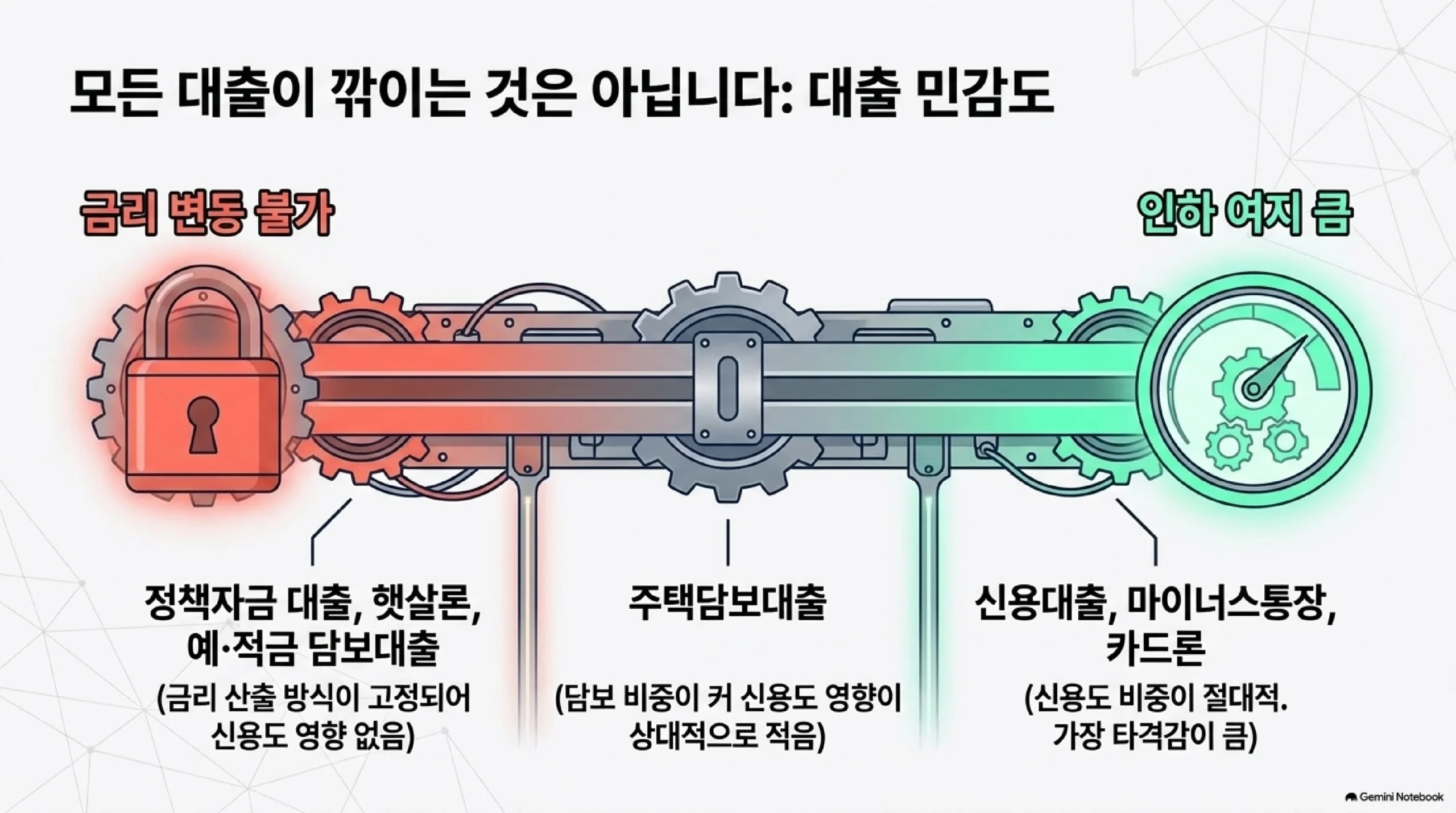 대출 종류별로 금리인하 여지가 얼마나 다른지 보여 주는 스펙트럼 — 정책자금 대출과 햇살론과 예적금 담보대출은 금리 산출 방식이 고정돼 신용도 영향이 없어 변동이 불가하고, 주택담보대출은 담보 비중이 커서 신용도 영향이 상대적으로 적으며, 신용대출과 마이너스통장과 카드론은 신용도 비중이 절대적이라 인하 여지가 가장 크다