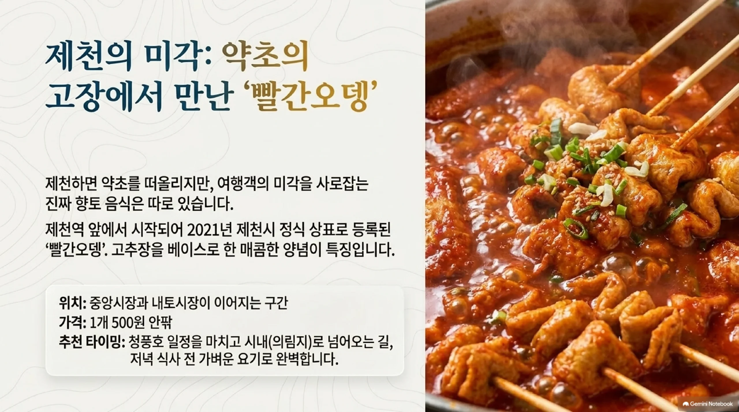 제천의 미각 약초의 고장에서 만난 빨간오뎅 — 제천 하면 약초를 떠올리지만 여행객의 미각을 사로잡는 진짜 향토 음식은 제천역 앞에서 시작되어 2021년 제천시 정식 상표로 등록된 빨간오뎅이고 고추장을 베이스로 한 매콤한 양념이 특징이며, 위치는 중앙시장과 내토시장이 이어지는 구간이고 가격은 1개 500원 안팎이며 청풍호 일정을 마치고 시내 의림지로 넘어오는 길에 저녁 식사 전 가벼운 요기로 좋다