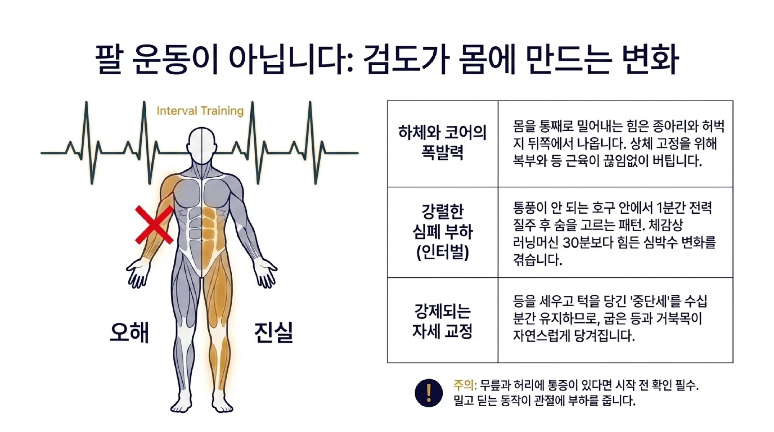 검도가 팔 운동이 아니라 몸 전체를 쓰는 운동이라는 점을 인체 근육도와 심박 그래프로 정리한 자료 — 하체와 코어의 폭발력 항목에서는 몸을 통째로 밀어내는 힘이 종아리와 허벅지 뒤쪽에서 나오고 상체를 고정하기 위해 복부와 등 근육이 끊임없이 버틴다고 설명하며, 강렬한 심폐 부하 항목에서는 통풍이 안 되는 호구 안에서 1분간 전력 질주한 뒤 숨을 고르는 인터벌 패턴이라 체감상 러닝머신 30분보다 힘든 심박수 변화를 겪는다고 하고, 강제되는 자세 교정 항목에서는 등을 세우고 턱을 당긴 중단세를 수십 분간 유지하므로 굽은 등과 거북목이 자연스럽게 당겨진다고 하며, 무릎과 허리에 통증이 있다면 밀고 딛는 동작이 관절에 부하를 주므로 시작 전 확인이 필요하다는 설명