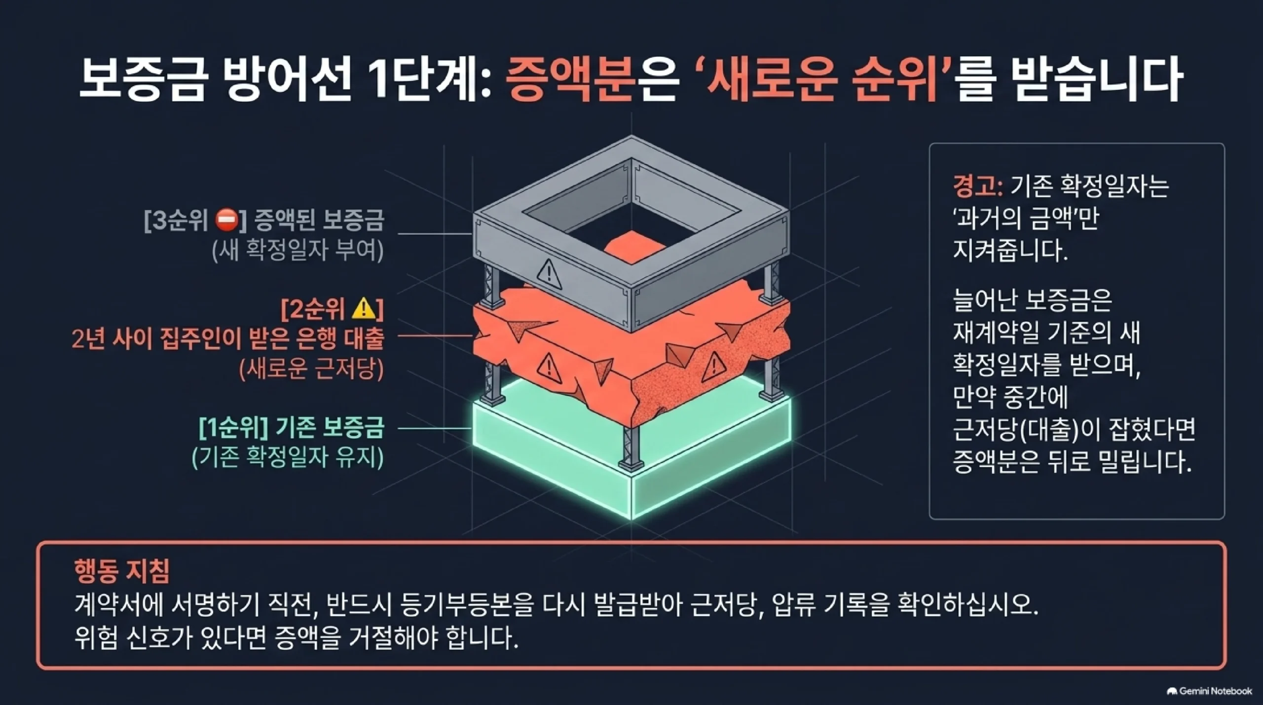 보증금이 오른 재계약에서 증액분이 새로운 순위를 받는다는 점을 3층 구조로 보여준 자료 — 1순위는 기존 보증금으로 기존 확정일자가 유지되고, 2순위는 2년 사이 집주인이 받은 은행 대출인 새로운 근저당이며, 3순위가 새 확정일자를 부여받은 증액된 보증금이라, 기존 확정일자는 과거의 금액만 지켜주고 늘어난 보증금은 재계약일 기준의 새 확정일자를 받으므로 중간에 근저당이 잡혔다면 증액분은 뒤로 밀리며, 계약서에 서명하기 직전 반드시 등기부등본을 다시 발급받아 근저당과 압류 기록을 확인하고 위험 신호가 있다면 증액을 거절해야 한다는 설명