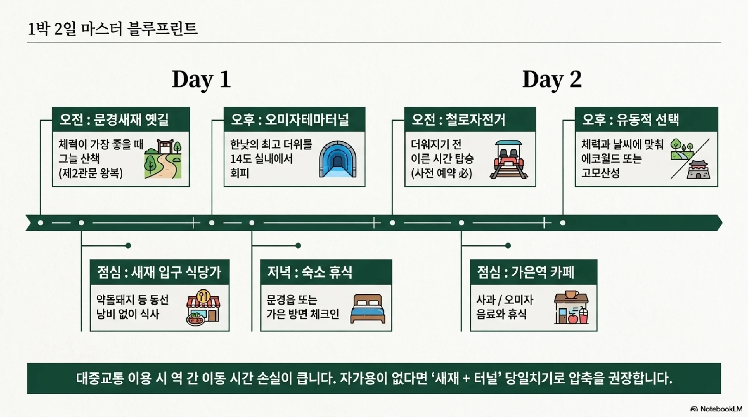 문경 1박 2일 동선 — 첫날 오전 문경새재 옛길 점심 새재 입구 식당가 오후 오미자테마터널 둘째 날 오전 철로자전거 점심 가은역 카페 오후 에코월드 또는 고모산성