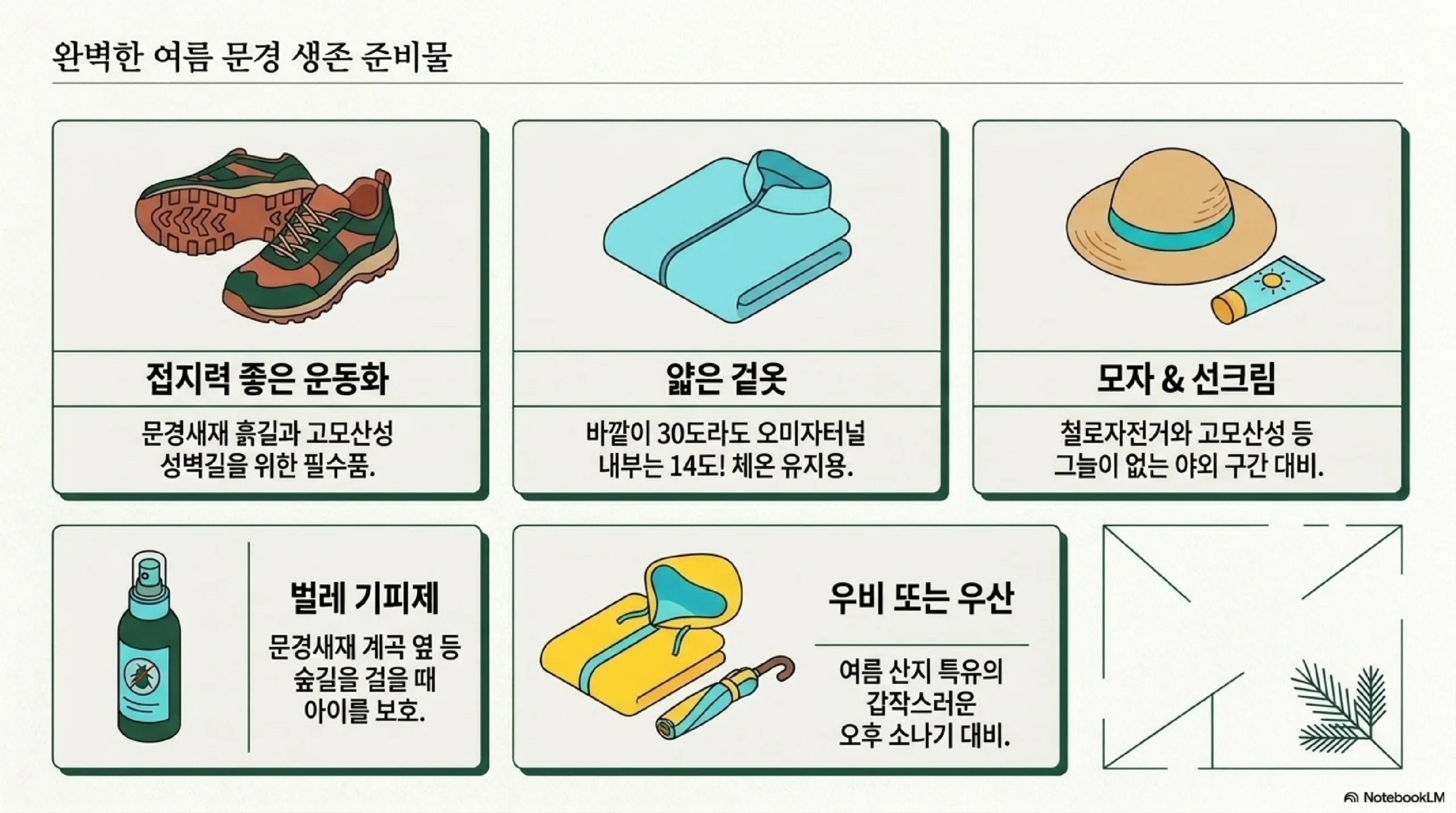 여름 문경 준비물 — 접지력 좋은 운동화 터널용 얇은 겉옷 모자와 선크림 벌레 기피제 오후 소나기 대비 우비 또는 우산