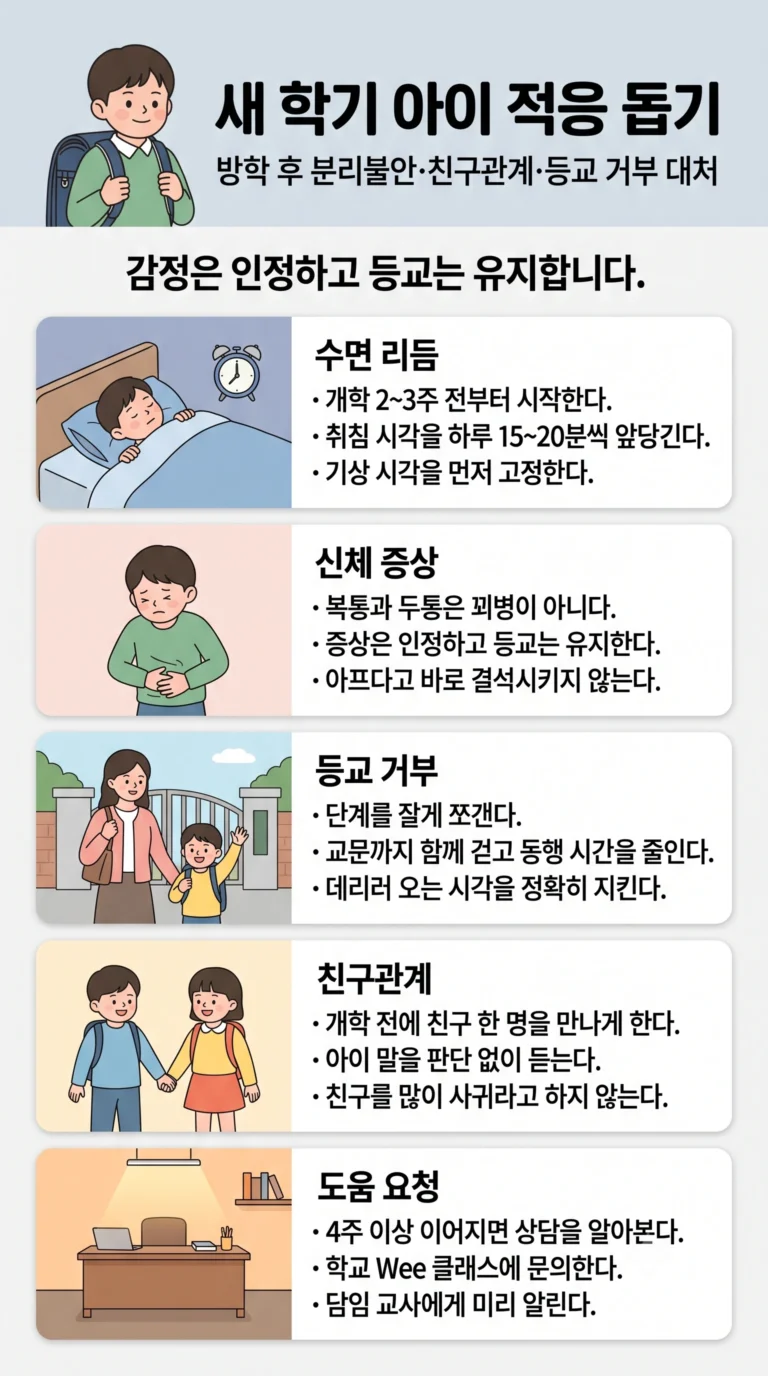 새 학기 아이 적응 돕기 — 방학 후 분리불안·친구관계·등교 거부 대처