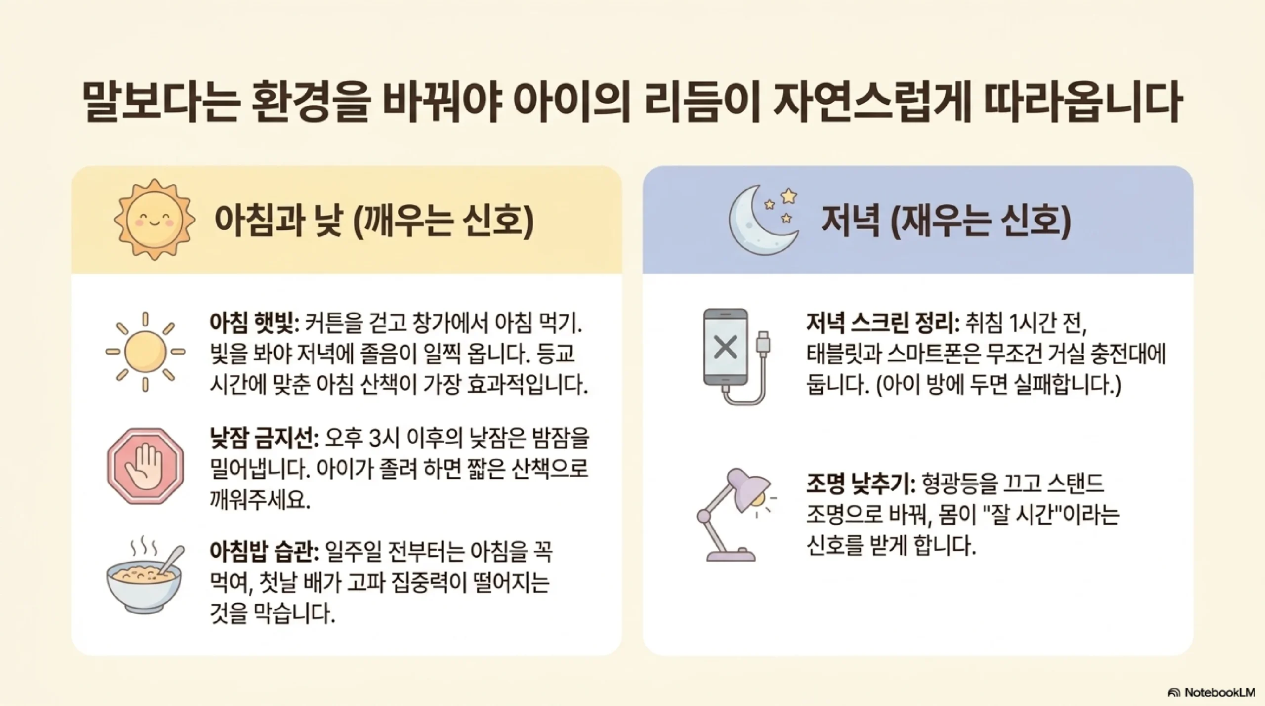 말보다는 환경을 바꿔야 아이의 리듬이 따라온다 — 아침과 낮에는 커튼을 걷고 창가에서 아침 먹기, 오후 3시 이후 낮잠 금지, 개학 일주일 전부터 아침밥 습관, 저녁에는 취침 1시간 전 스크린을 거실 충전대에 두고 형광등 대신 스탠드로 조명 낮추기