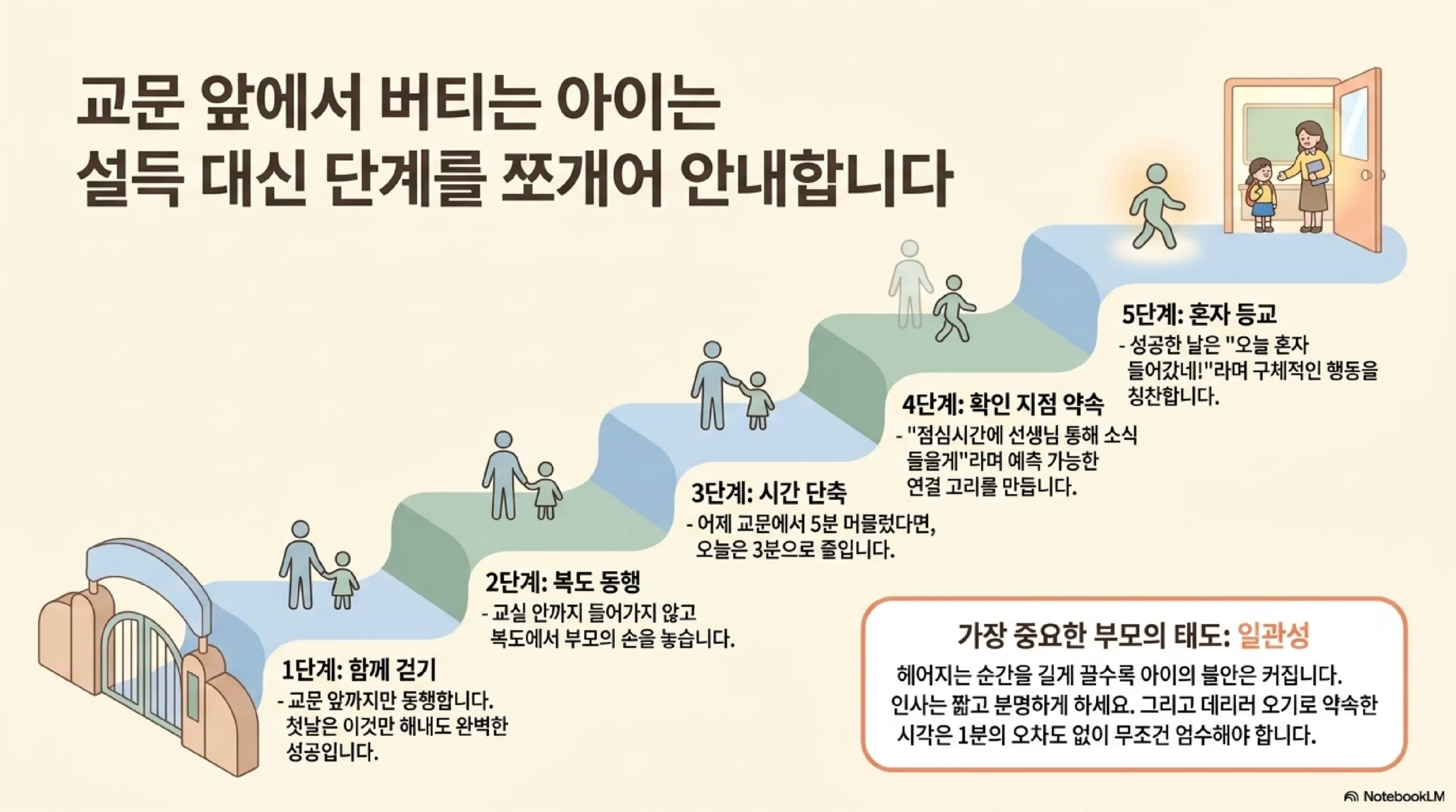 교문 앞에서 버티는 아이는 설득 대신 단계를 쪼개어 안내한다 — 1단계 교문까지 함께 걷기, 2단계 복도까지 동행, 3단계 동행 시간 단축, 4단계 점심시간 확인 지점 약속, 5단계 혼자 등교, 가장 중요한 부모의 태도는 일관성이며 데리러 오는 시각을 정확히 지킨다