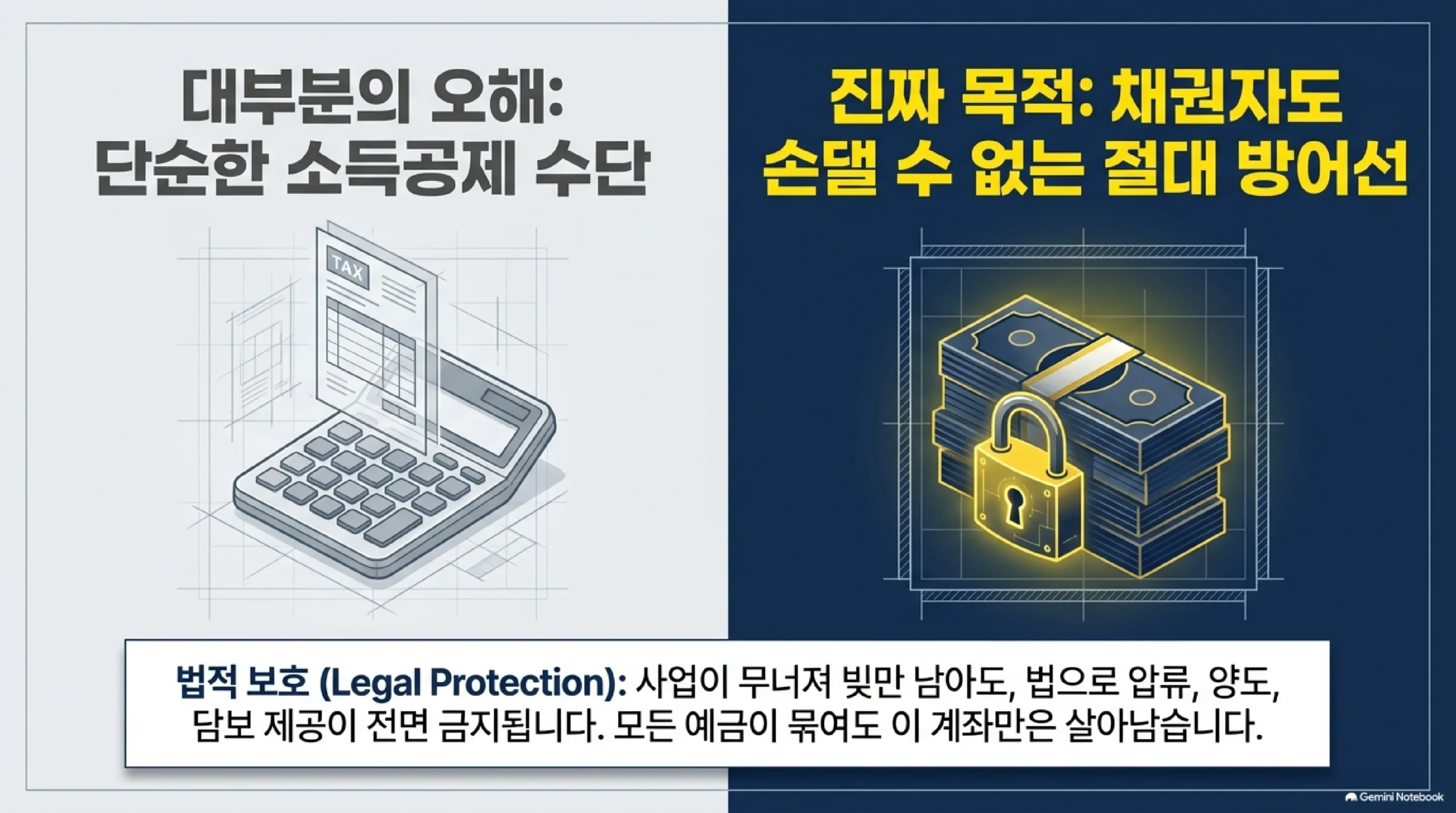대부분의 오해와 진짜 목적 — 노란우산공제를 단순한 소득공제 수단으로만 알고 있는 경우가 많지만 제도의 진짜 목적은 채권자도 손댈 수 없는 방어선을 만드는 데 있으며, 사업이 무너져 빚만 남아도 부금은 법으로 압류와 양도, 담보 제공이 전면 금지되기 때문에 다른 예금이 전부 묶여도 이 계좌만은 살아남는다는 비교