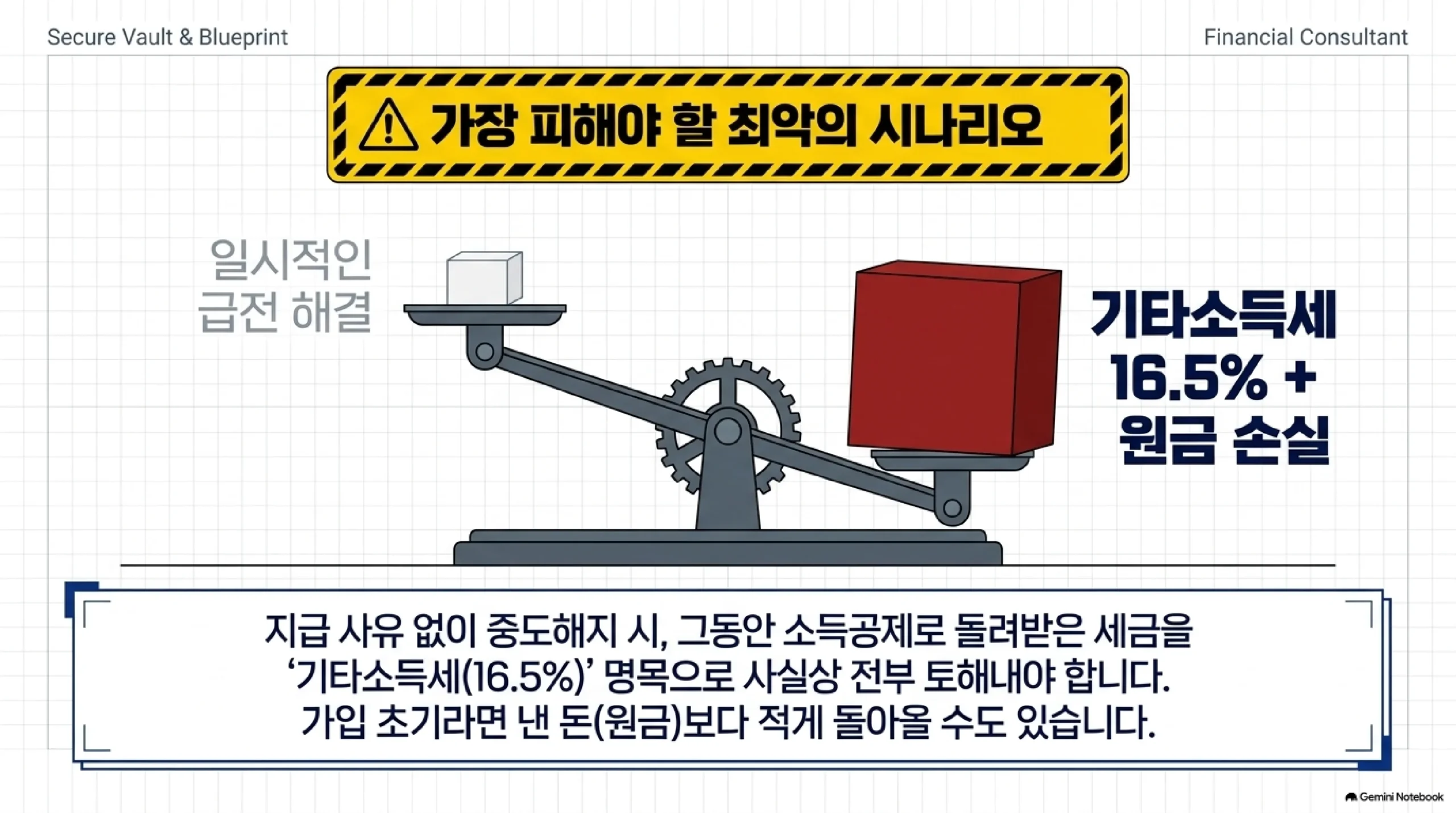 가장 피해야 할 최악의 시나리오는 사유 없는 중도해지 — 일시적인 급전을 해결하려고 해지하면 그동안 소득공제로 돌려받은 세금을 기타소득세 16.5% 명목으로 사실상 전부 토해내야 하고 가입 초기라면 낸 원금보다 적게 돌아올 수도 있어서, 잠깐의 자금 융통과 맞바꾸기에는 잃는 쪽이 훨씬 무겁다는 저울 비유