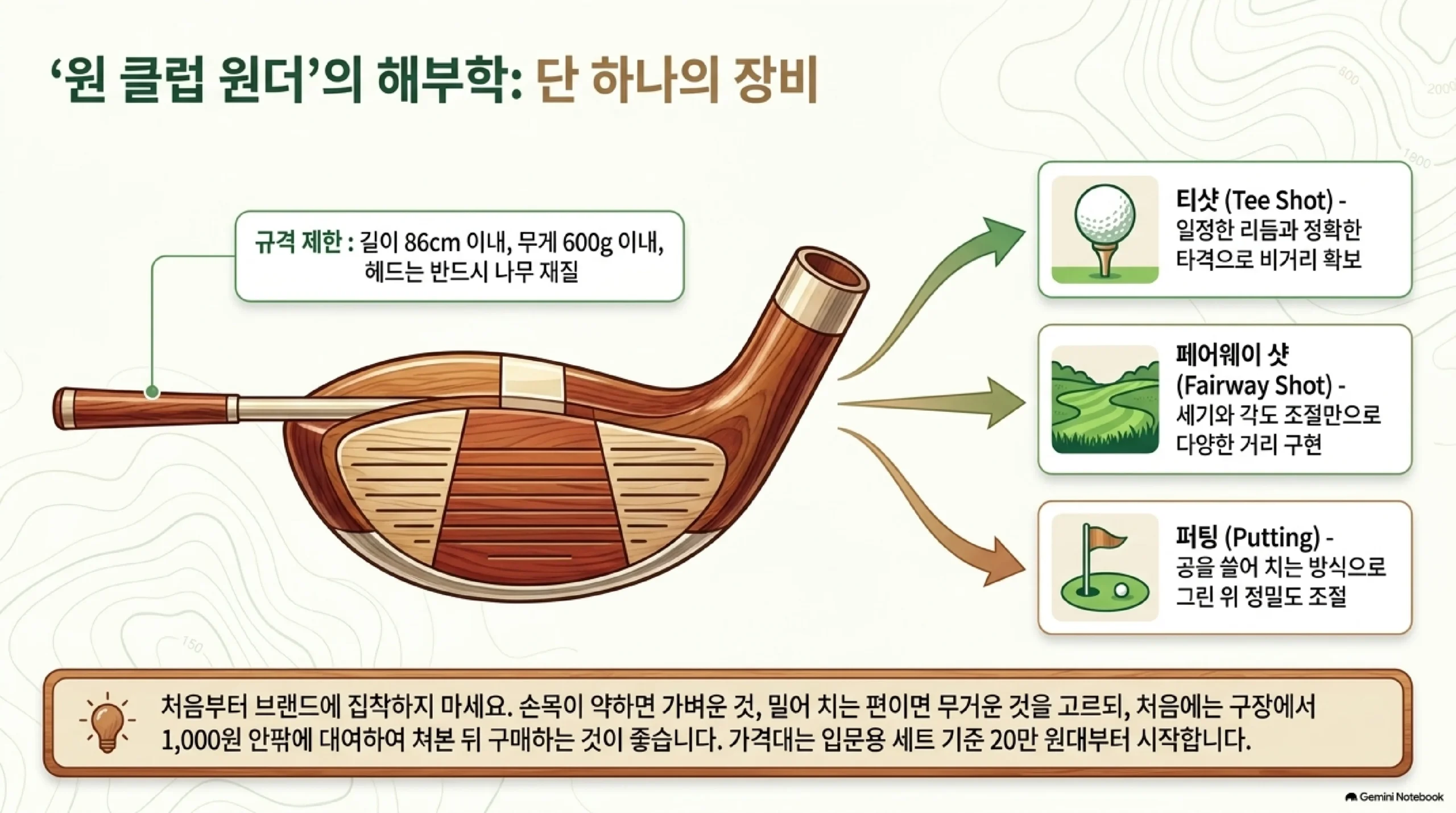클럽 한 자루의 규격과 쓰임 — 규격 제한은 길이 86센티미터 이내와 무게 600그램 이내이고 헤드는 반드시 나무 재질이며, 이 하나로 티샷은 일정한 리듬과 정확한 타격으로 비거리를 확보하고 페어웨이 샷은 세기와 각도 조절만으로 다양한 거리를 만들며 퍼팅은 공을 쓸어 치는 방식으로 그린 위 정밀도를 조절하고, 처음부터 브랜드에 집착하지 말고 손목이 약하면 가벼운 것 밀어 치는 편이면 무거운 것을 고르되 처음에는 구장에서 1000원 안팎에 대여해 쳐 본 뒤 구매하는 것이 좋으며 입문용 세트는 20만 원대부터 시작한다