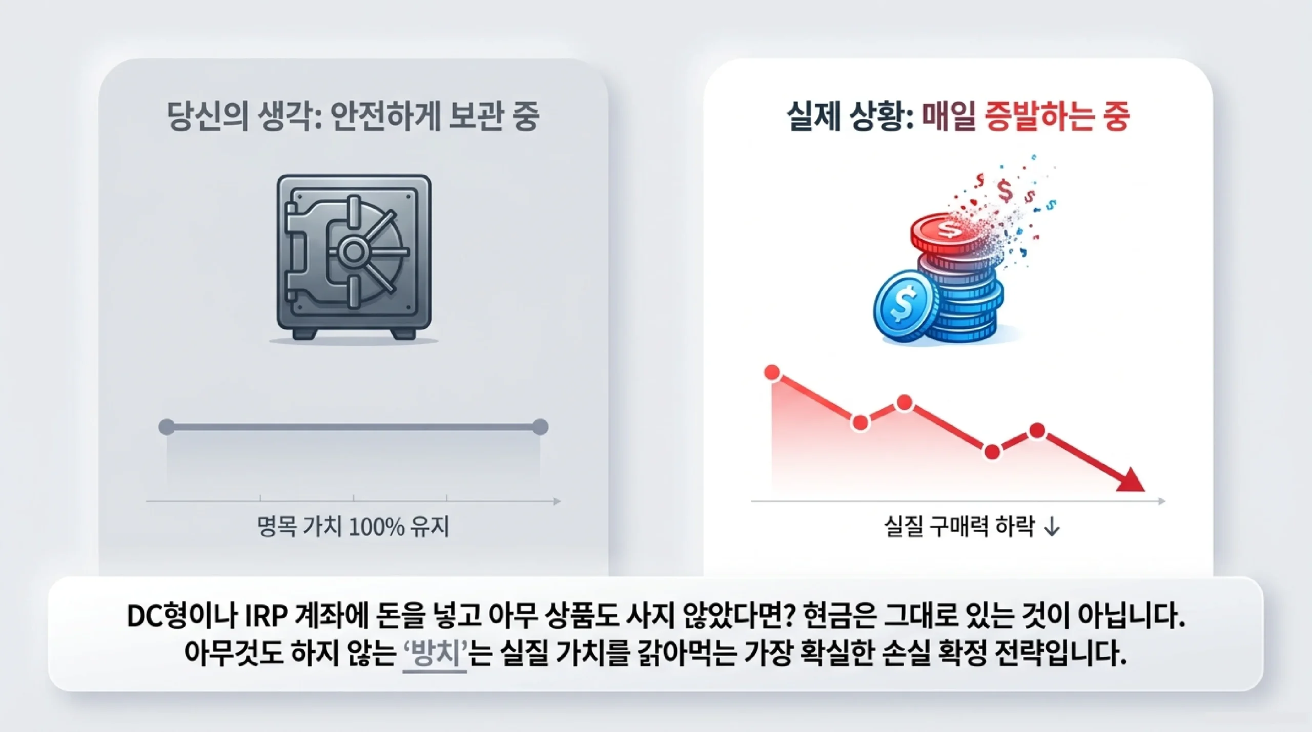 퇴직연금 계좌를 방치했을 때 벌어지는 일을 금고와 사라지는 동전 그림으로 대비한 자료 — 왼쪽은 안전하게 보관 중이라고 생각하는 상태로 명목 가치는 100% 유지되지만, 오른쪽은 실제 상황으로 물가가 오르는 동안 실질 구매력이 계속 떨어지는 그래프이며, DC형이나 IRP 계좌에 돈을 넣고 아무 상품도 사지 않았다면 현금이 그대로 있는 것이 아니라 실질 가치가 깎이고 있으므로 아무것도 하지 않는 방치가 가장 확실한 손실 확정 전략이라는 설명