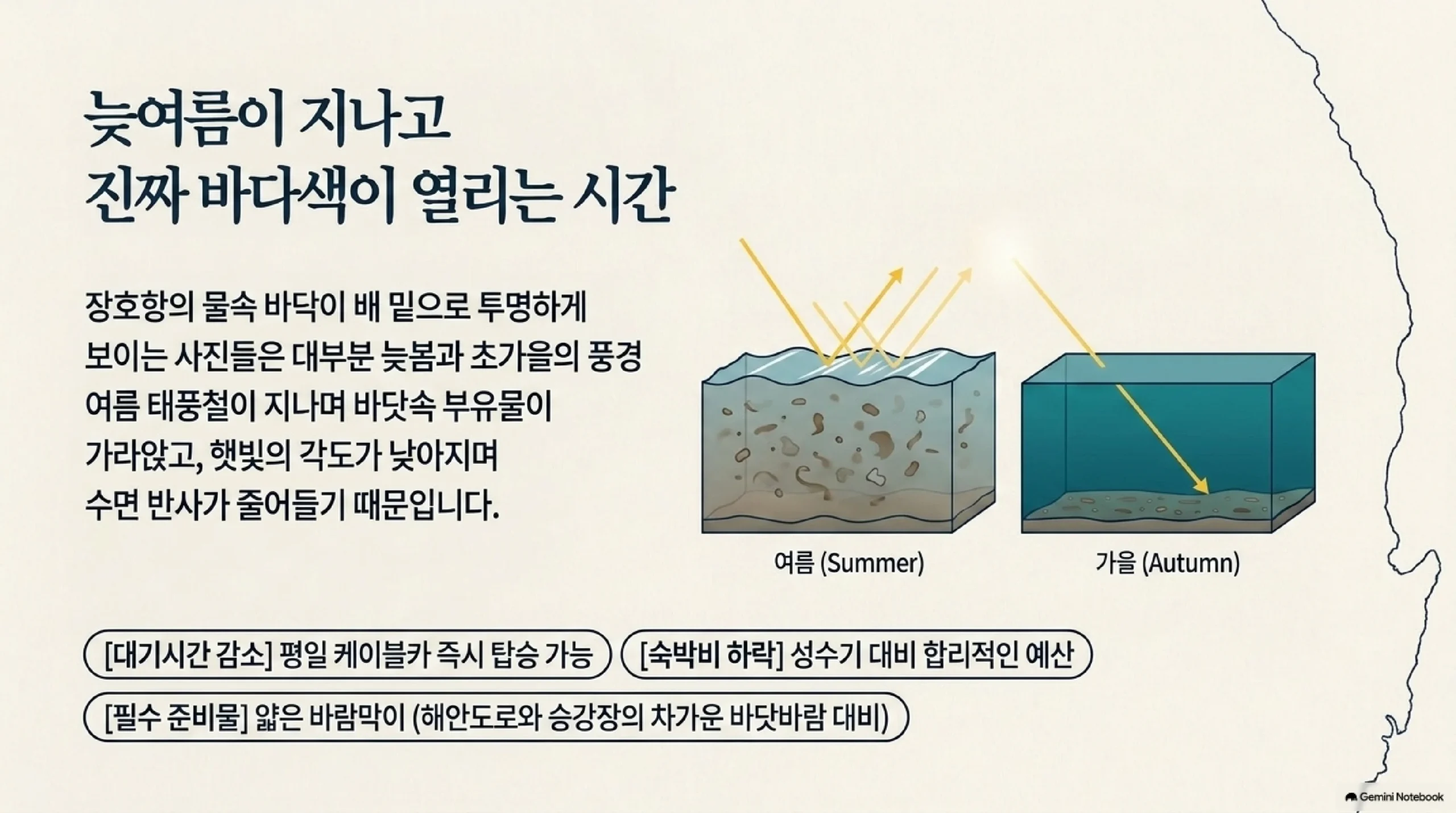 늦여름이 지나고 진짜 바다색이 열리는 시간 — 장호항의 물속 바닥이 배 밑으로 투명하게 보이는 사진들이 대부분 늦봄과 초가을에 찍히는 이유는 여름 태풍철을 지나며 바닷속 부유물이 가라앉고 햇빛 각도가 낮아져 수면 반사가 줄어들기 때문이며, 여름 수조에는 부유물이 떠다니고 빛이 여러 갈래로 흩어지는 반면 가을 수조는 물이 맑아 빛이 바닥까지 곧게 내려가고, 평일에는 케이블카를 즉시 탈 수 있으며 숙박비도 성수기보다 내려가지만 해안도로와 승강장의 찬 바닷바람에 대비해 얇은 바람막이는 챙겨야 한다는 설명