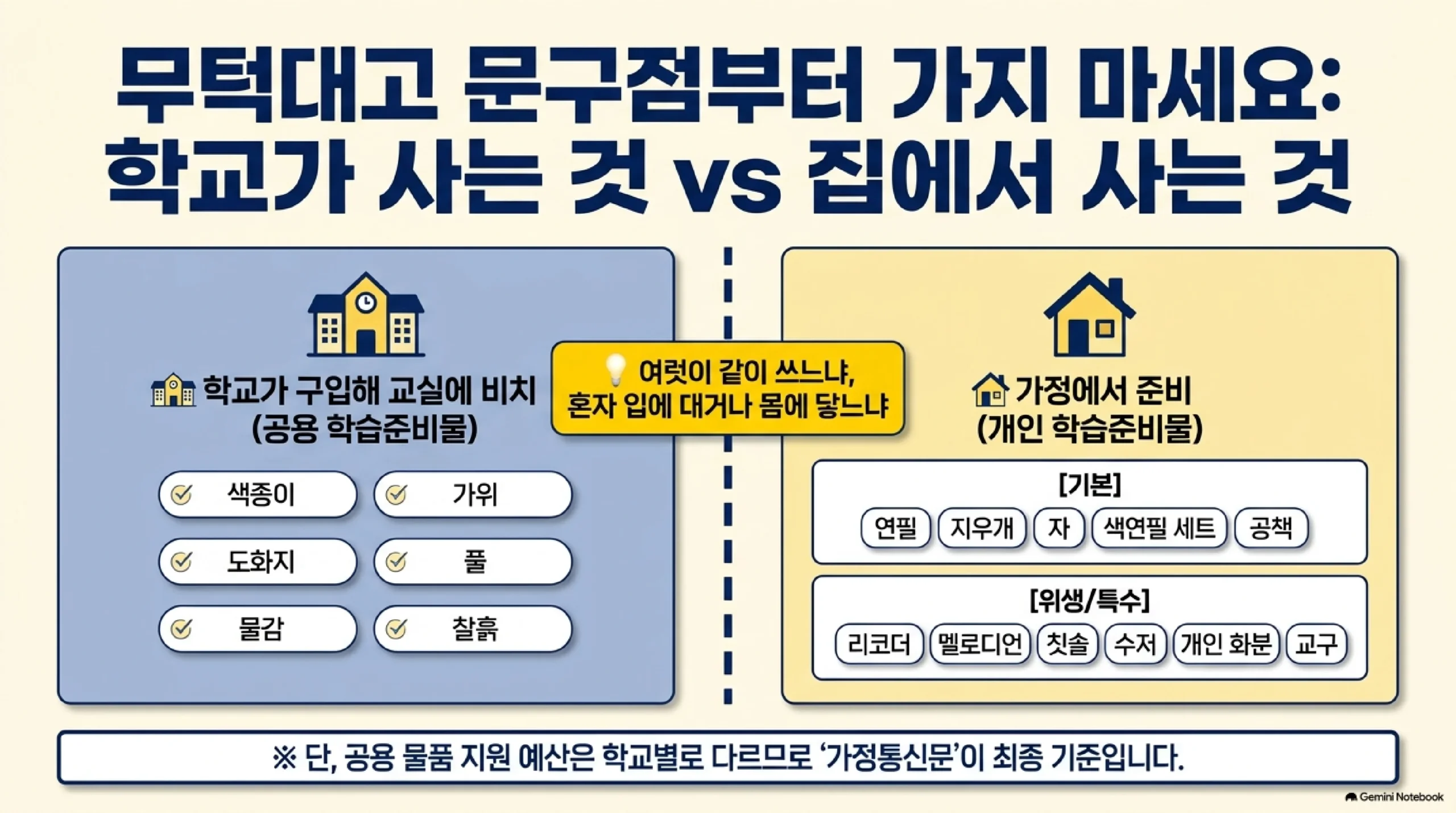 수업 시간에 함께 쓰는 물건은 학교가 산다 — 색종이 도화지 물감 가위 풀 찰흙 같은 공용 학습준비물은 학교가 구입해 교실에 비치하고, 연필 지우개 자 색연필 세트 공책과 리코더 멜로디언 칫솔 수저처럼 위생상 개별 사용이 필요한 개인 학습준비물만 가정에서 준비하며, 공용 물품 지원 예산은 학교별로 다르므로 가정통신문이 최종 기준이다