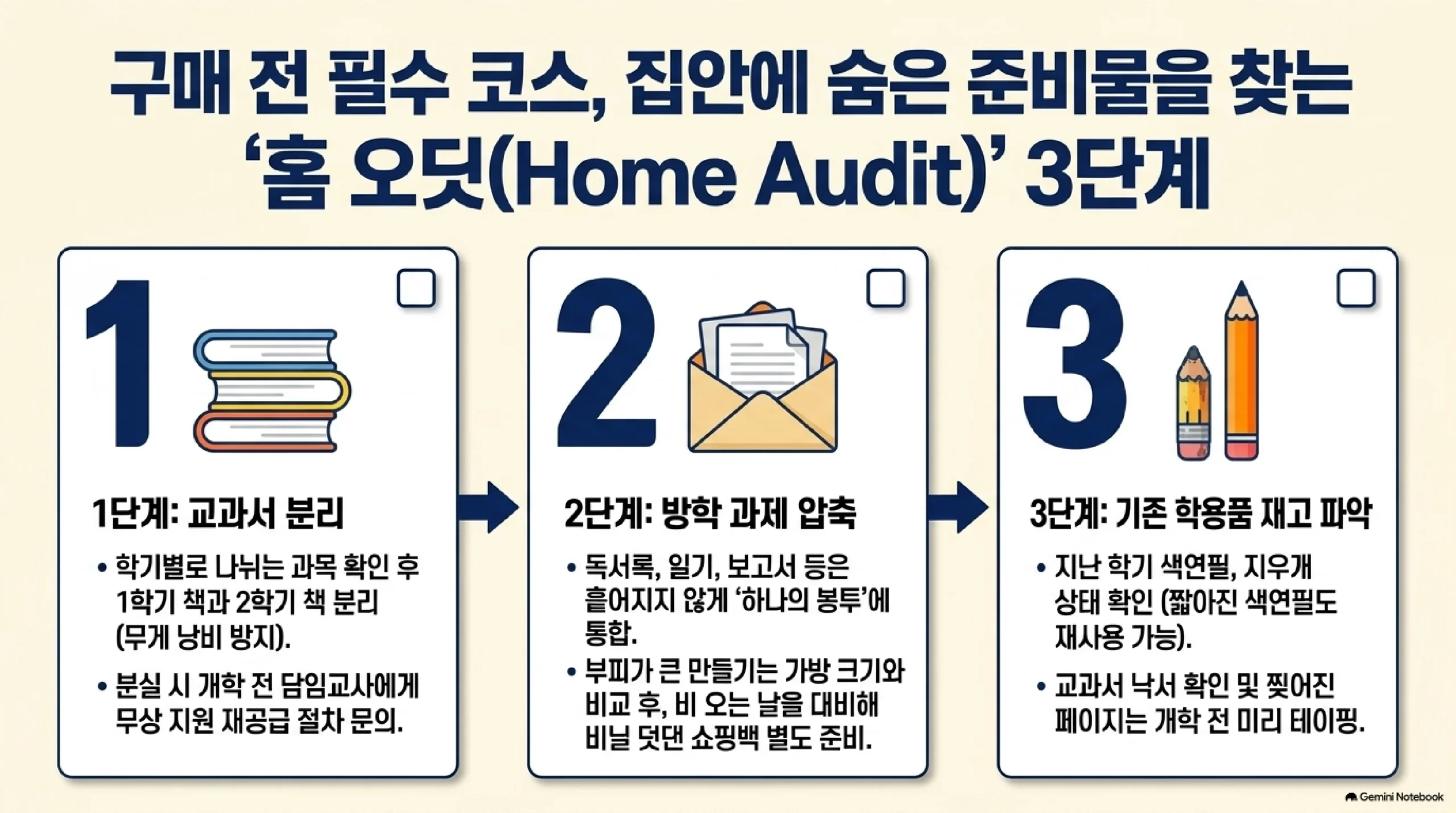 구매 전에 집안에 이미 있는 준비물부터 찾는 3단계 — 1단계는 학기별로 나뉘는 과목을 확인해 1학기 책과 2학기 책을 분리하고 분실 시 담임 교사에게 무상 지원 재공급 절차를 문의하는 교과서 분리, 2단계는 독서록과 일기와 보고서를 봉투 하나에 통합하는 방학 과제 정리, 3단계는 지난 학기 색연필과 지우개 상태를 확인하는 학용품 재고 파악