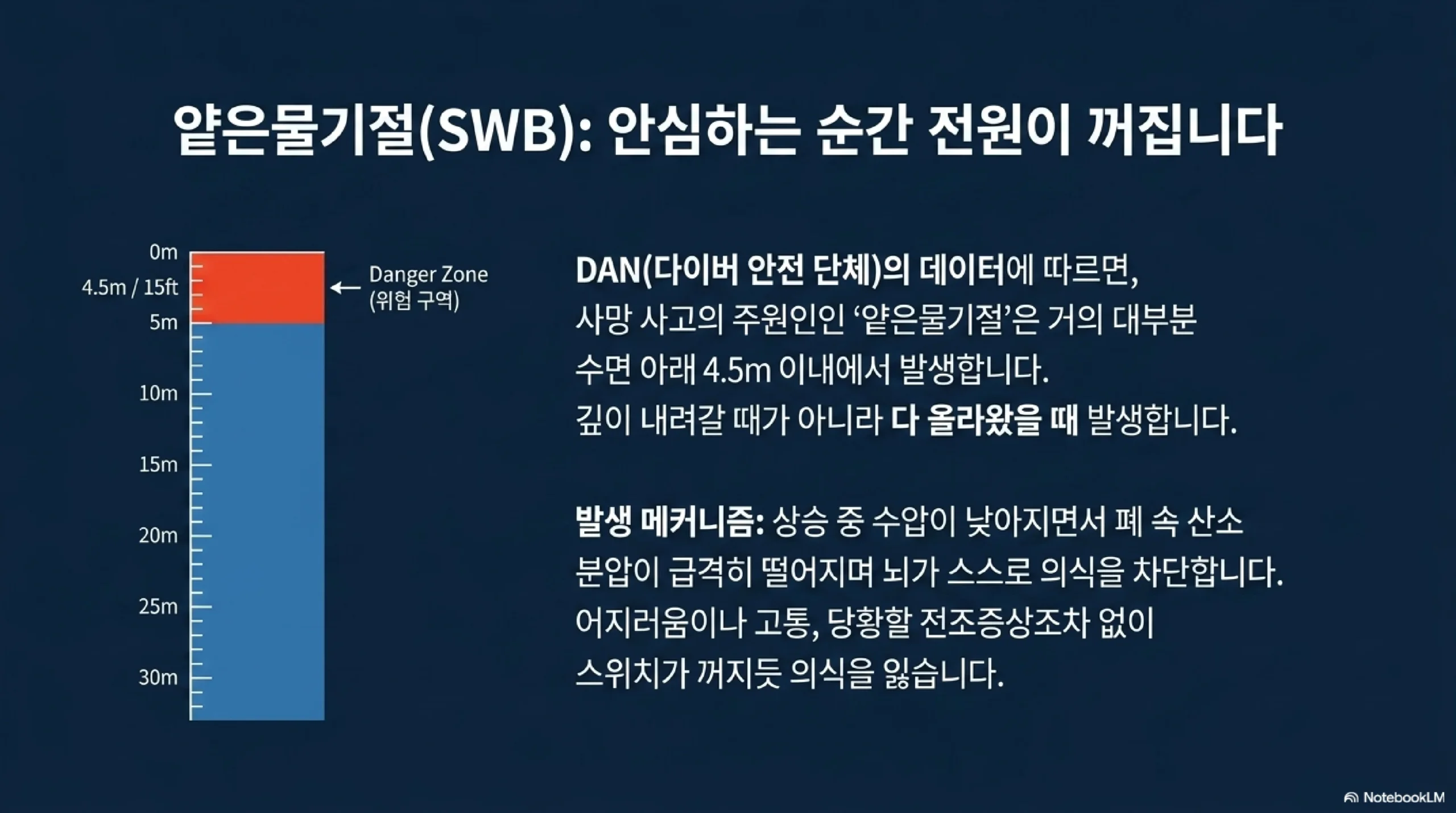 얕은물기절은 안심하는 순간 전원이 꺼진다 — 다이버 안전 단체 DAN 자료 기준 프리다이빙 사망 사고의 주된 원인인 얕은물기절은 거의 대부분 수면 아래 4.5m 이내에서 발생하며, 상승 중 수압이 낮아지면서 폐 속 산소 분압이 급격히 떨어져 전조 증상 없이 의식을 잃는다
