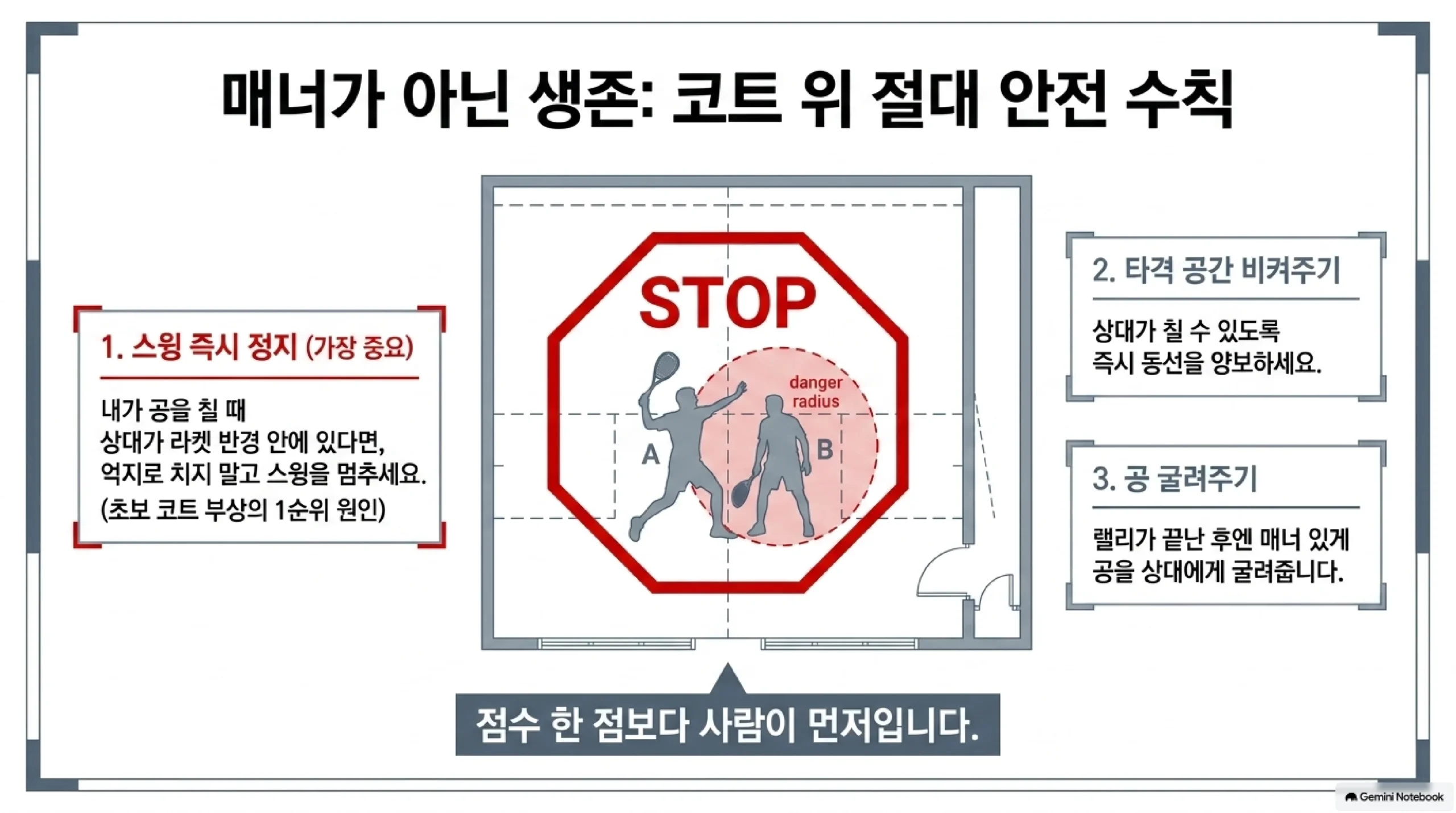 좁은 스쿼시 코트에서 지켜야 할 안전 수칙 세 가지를 코트 평면도와 함께 정리한 자료 — 첫째는 스윙 즉시 정지로 내가 공을 칠 때 상대가 라켓 반경 안에 있다면 억지로 치지 말고 스윙을 멈춰야 하며 이것이 초보 코트 부상의 1순위 원인이고, 둘째는 타격 공간 비켜주기로 상대가 칠 수 있도록 즉시 동선을 양보해야 하며, 셋째는 공 굴려주기로 랠리가 끝난 후에는 매너 있게 공을 상대에게 굴려주는 것이며, 점수 한 점보다 사람이 먼저라는 설명