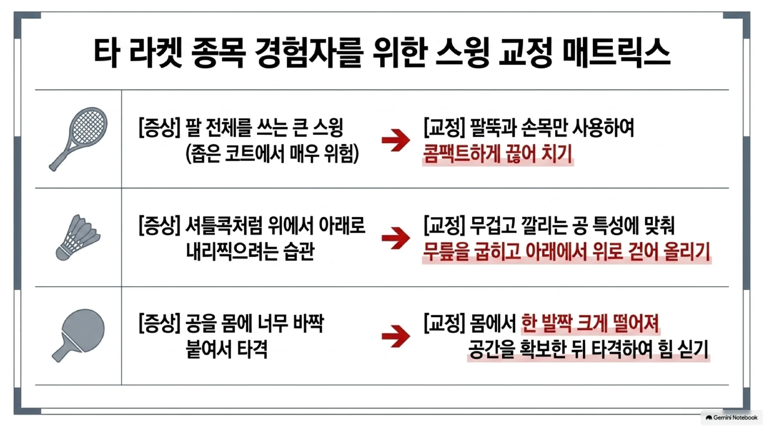 테니스와 배드민턴과 탁구 경험자가 스쿼시로 넘어올 때 고쳐야 할 스윙을 증상과 교정으로 짝지은 표 — 테니스 경험자는 팔 전체를 쓰는 큰 스윙이 좁은 코트에서 매우 위험하므로 팔뚝과 손목만 사용해 콤팩트하게 끊어 쳐야 하고, 배드민턴 경험자는 셔틀콕처럼 위에서 아래로 내리찍으려는 습관이 남으므로 무겁고 깔리는 공 특성에 맞춰 무릎을 굽히고 아래에서 위로 걷어 올려야 하며, 탁구 경험자는 공을 몸에 너무 바짝 붙여 타격하므로 몸에서 한 발짝 크게 떨어져 공간을 확보한 뒤 타격해 힘을 실어야 한다는 설명