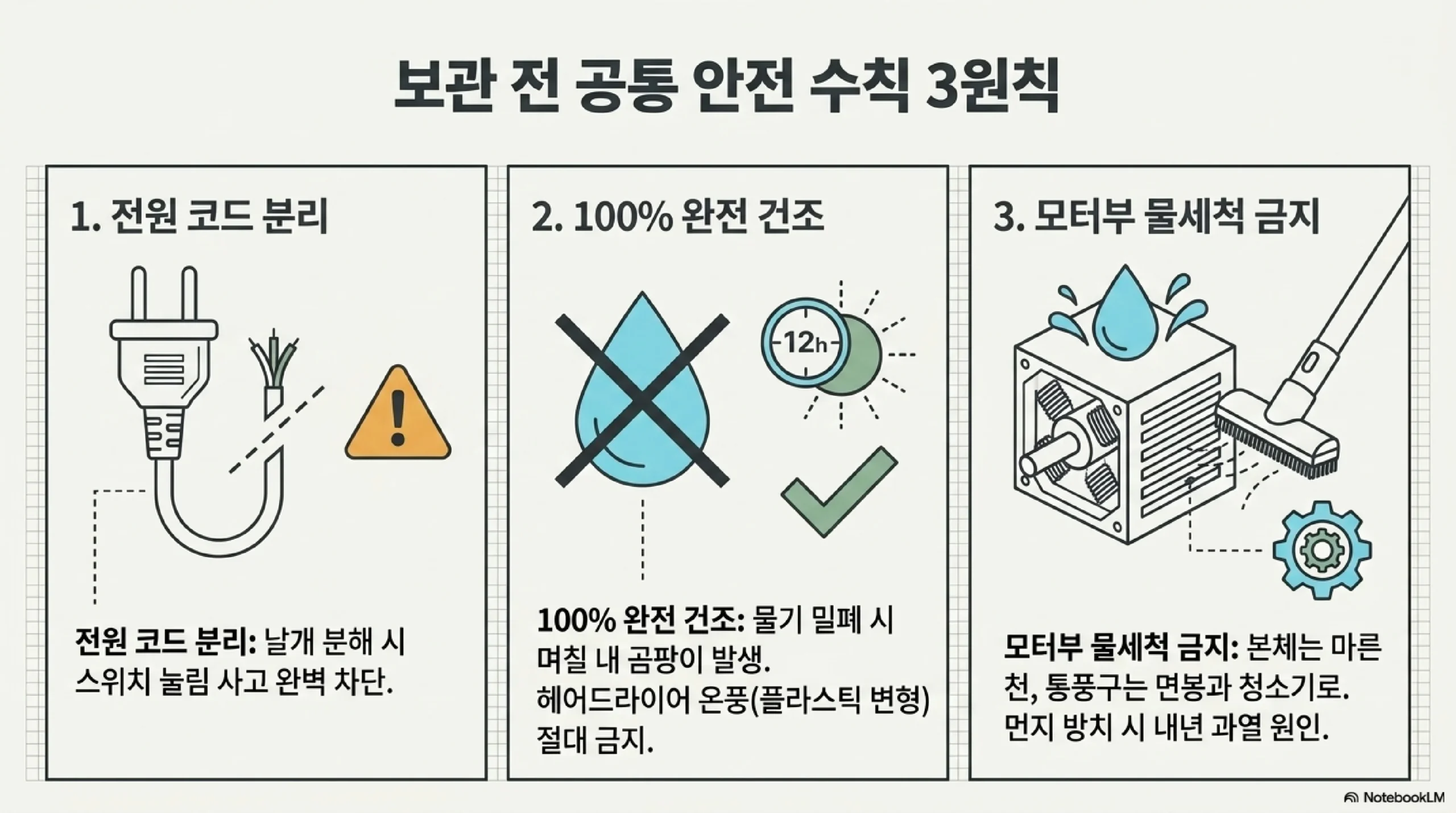 보관 전 공통 안전 수칙 세 가지 — 전원 코드 분리로 날개 분해 중 스위치 눌림 차단, 물기 밀폐 시 곰팡이가 생기므로 완전 건조, 모터부는 물세척 금지하고 마른 천과 청소기로 관리